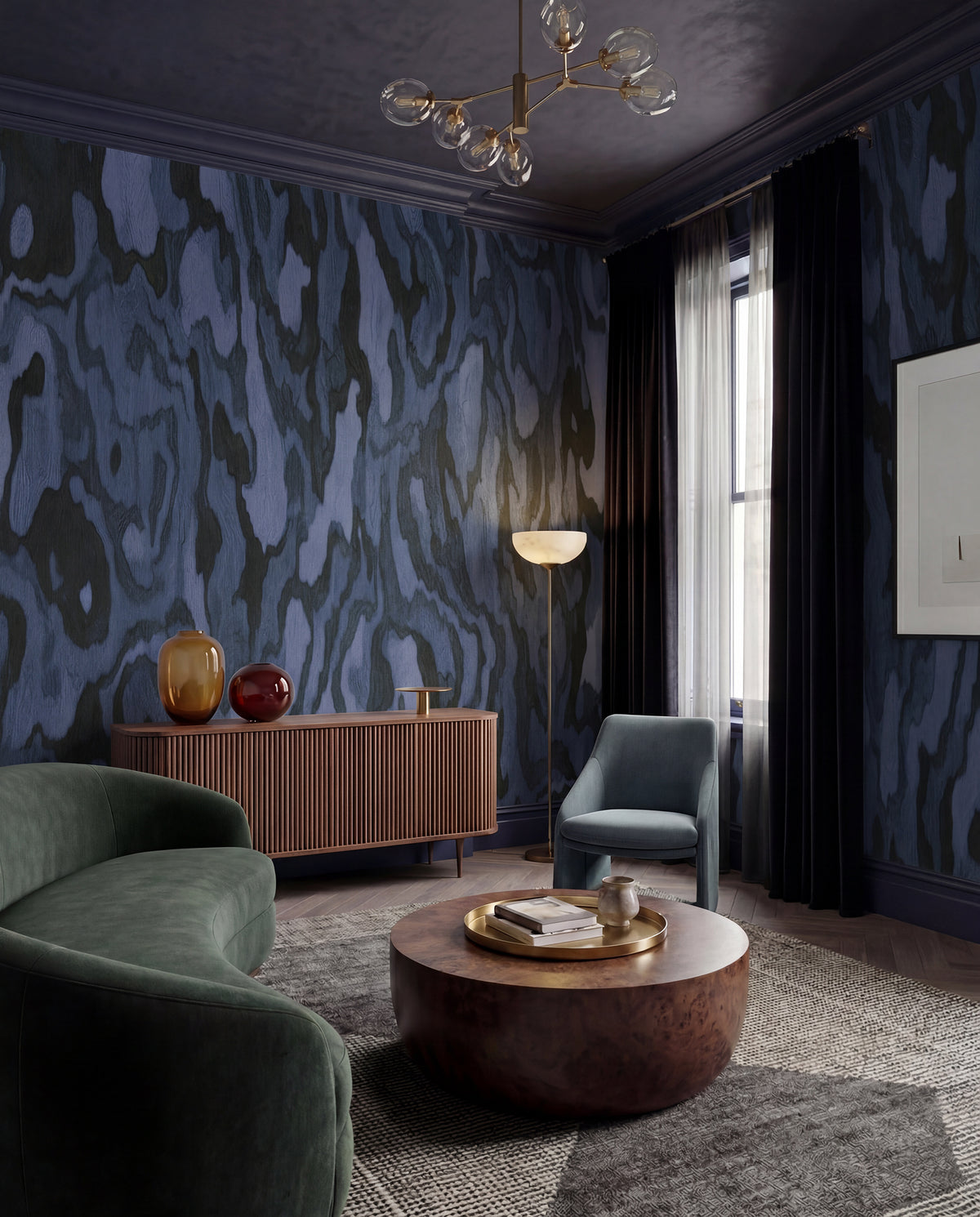 Abstract Wood Texture Wallpaper Mural in Deep Blue Tones