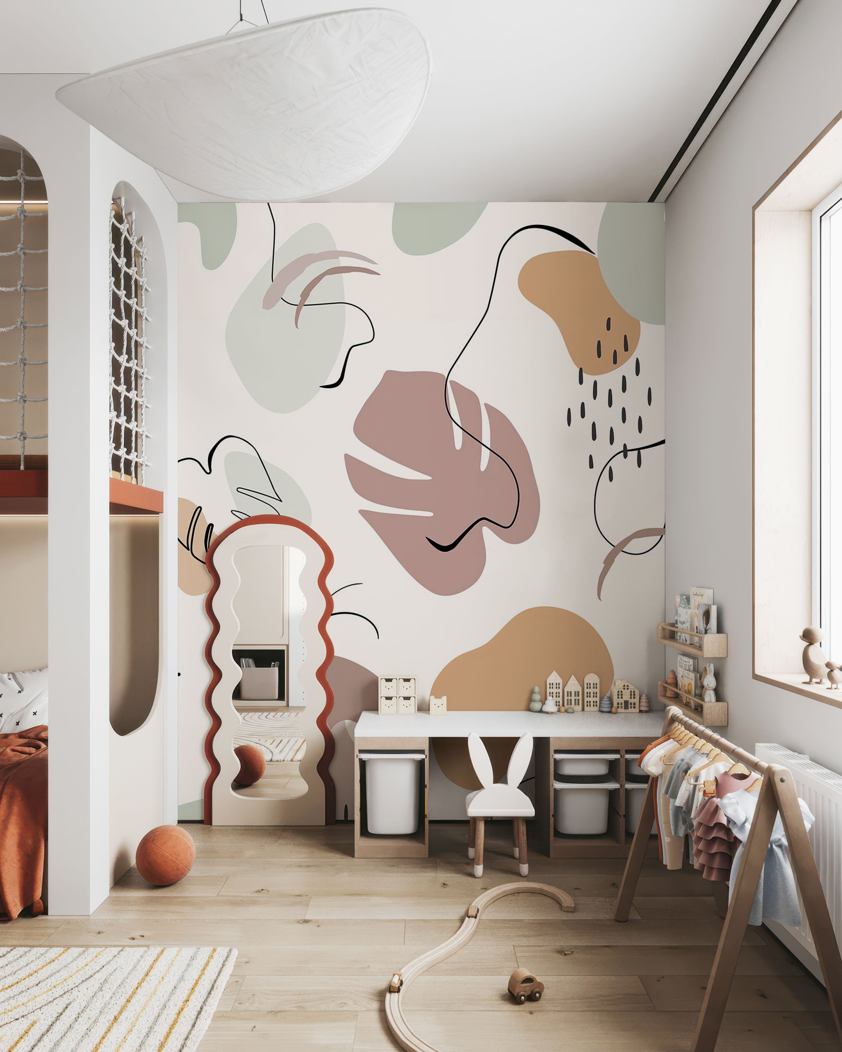 Abstract wallpaper with organic shapes in blush, beige, and sage tones, accented by black line art on a soft neutral background