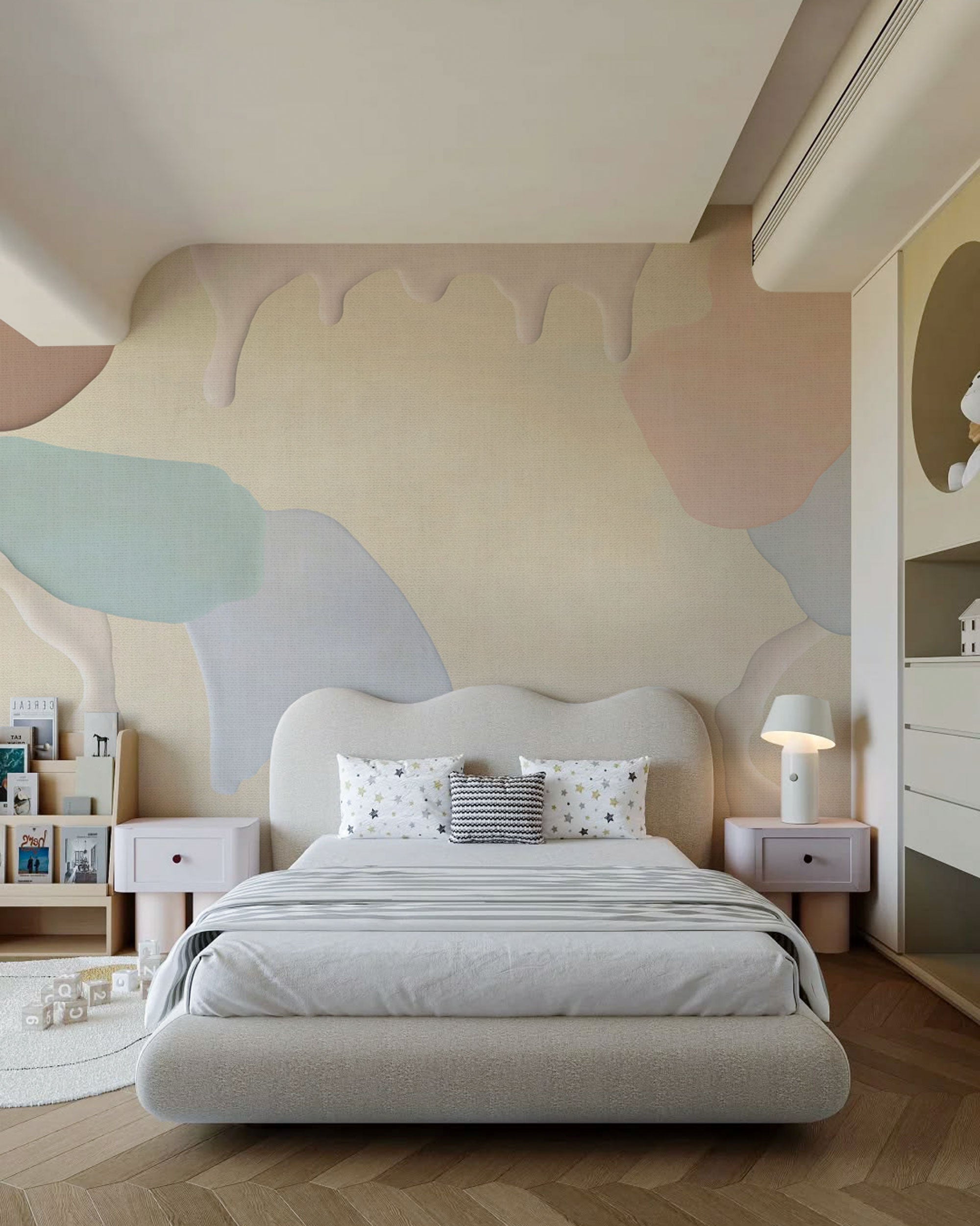 Pastel abstract shapes kids pattern wallpaper in soft beige, blush pink, blue, and mint tones