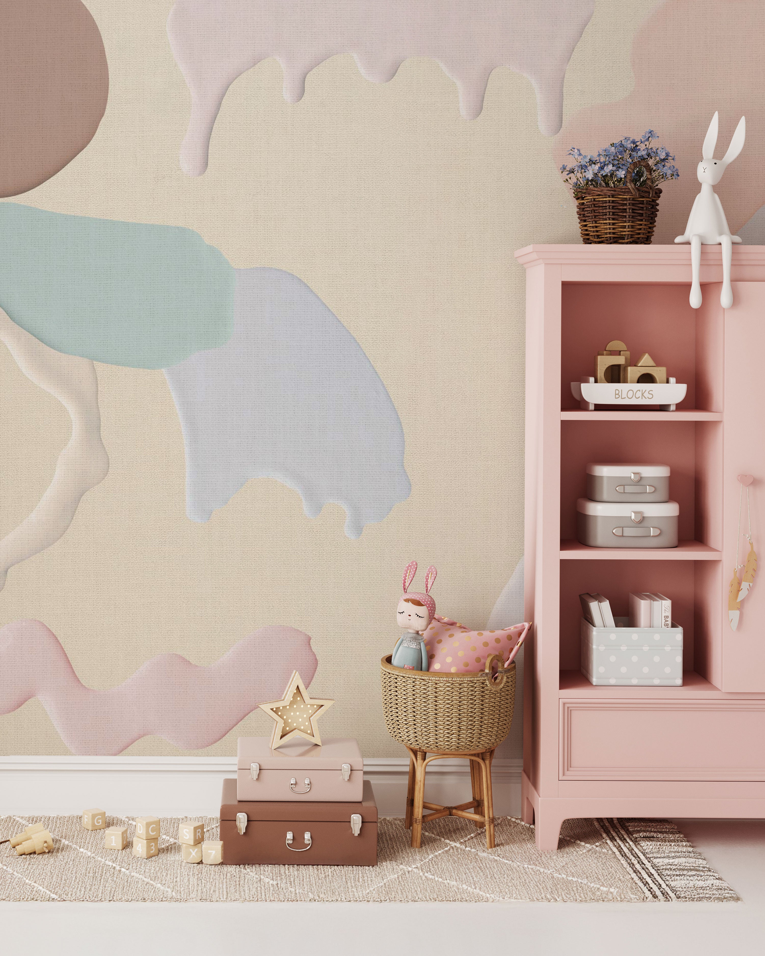 Pastel abstract shapes kids pattern wallpaper in soft beige, blush pink, blue, and mint tones