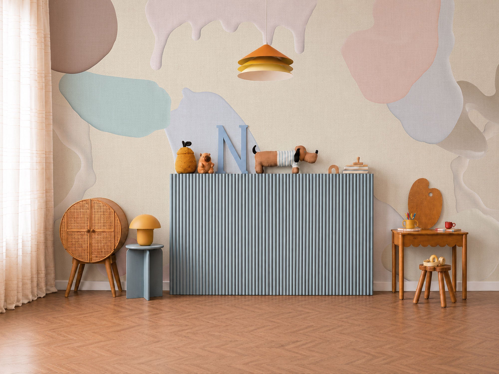 Pastel abstract shapes kids pattern wallpaper in soft beige, blush pink, blue, and mint tones