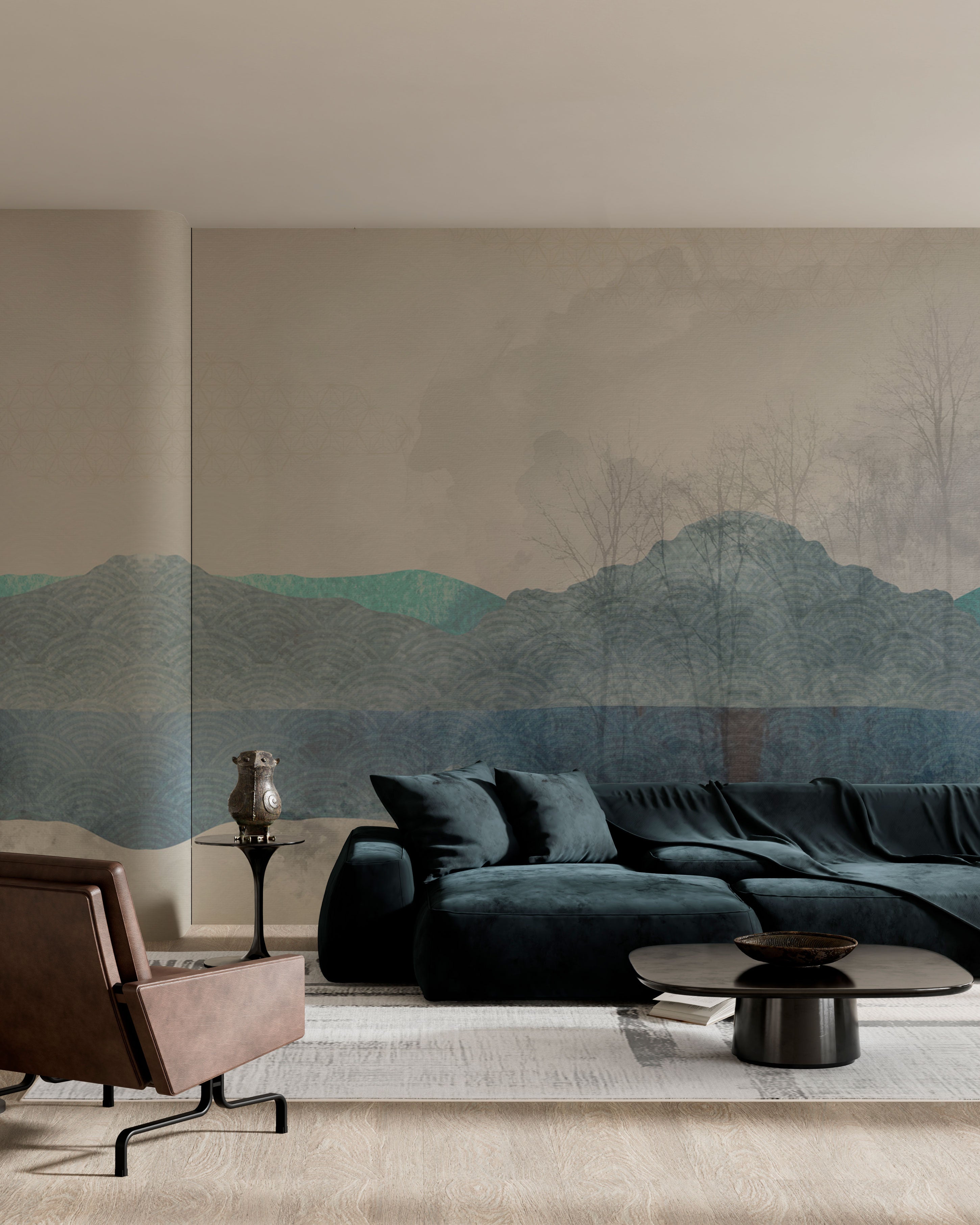 Abstract layered wallpaper with horizontal blue and teal forms resembling hills or waves, rendered in soft watercolor and textile textures on a neutral background.
