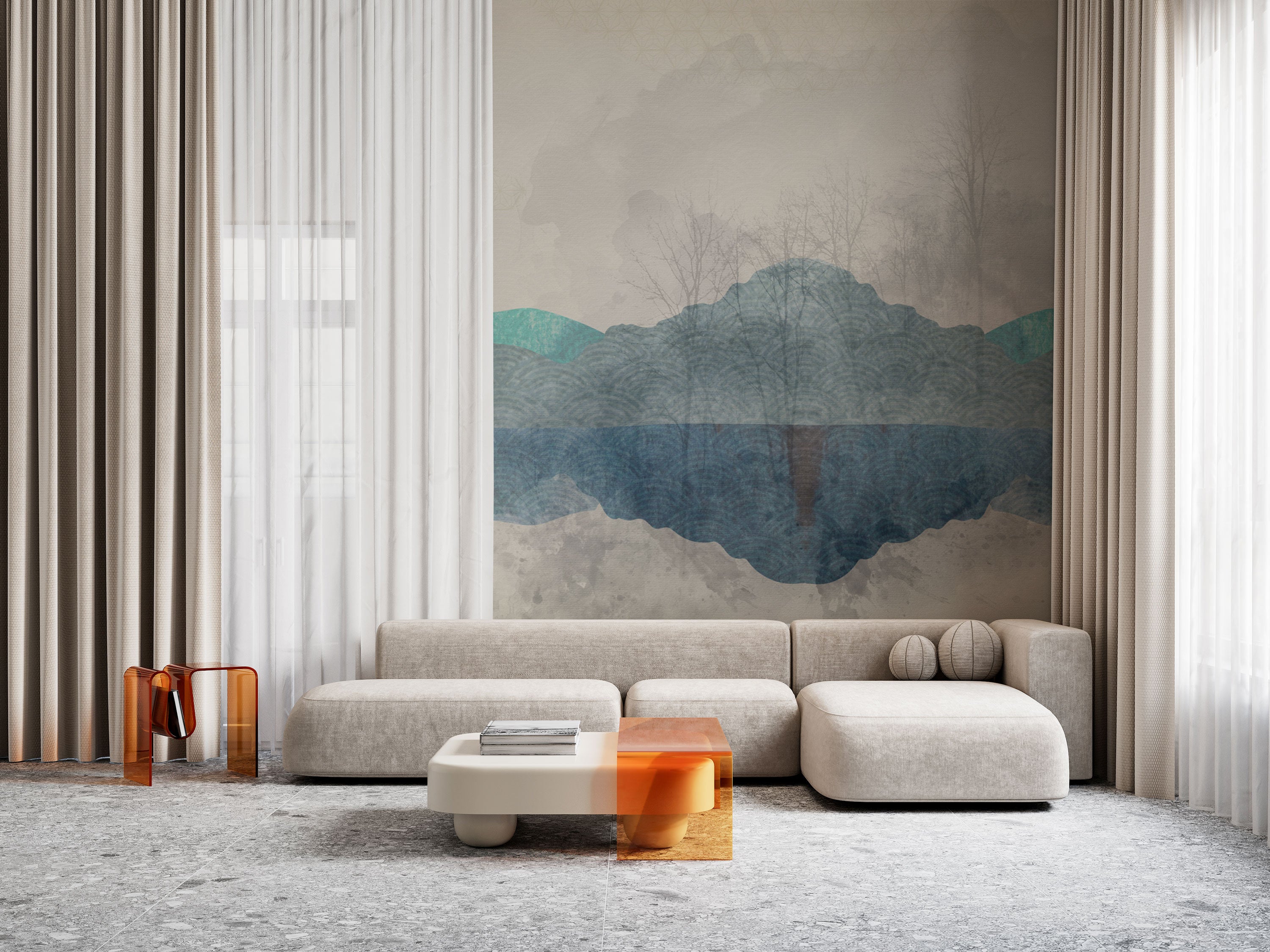 Abstract layered wallpaper with horizontal blue and teal forms resembling hills or waves, rendered in soft watercolor and textile textures on a neutral background.