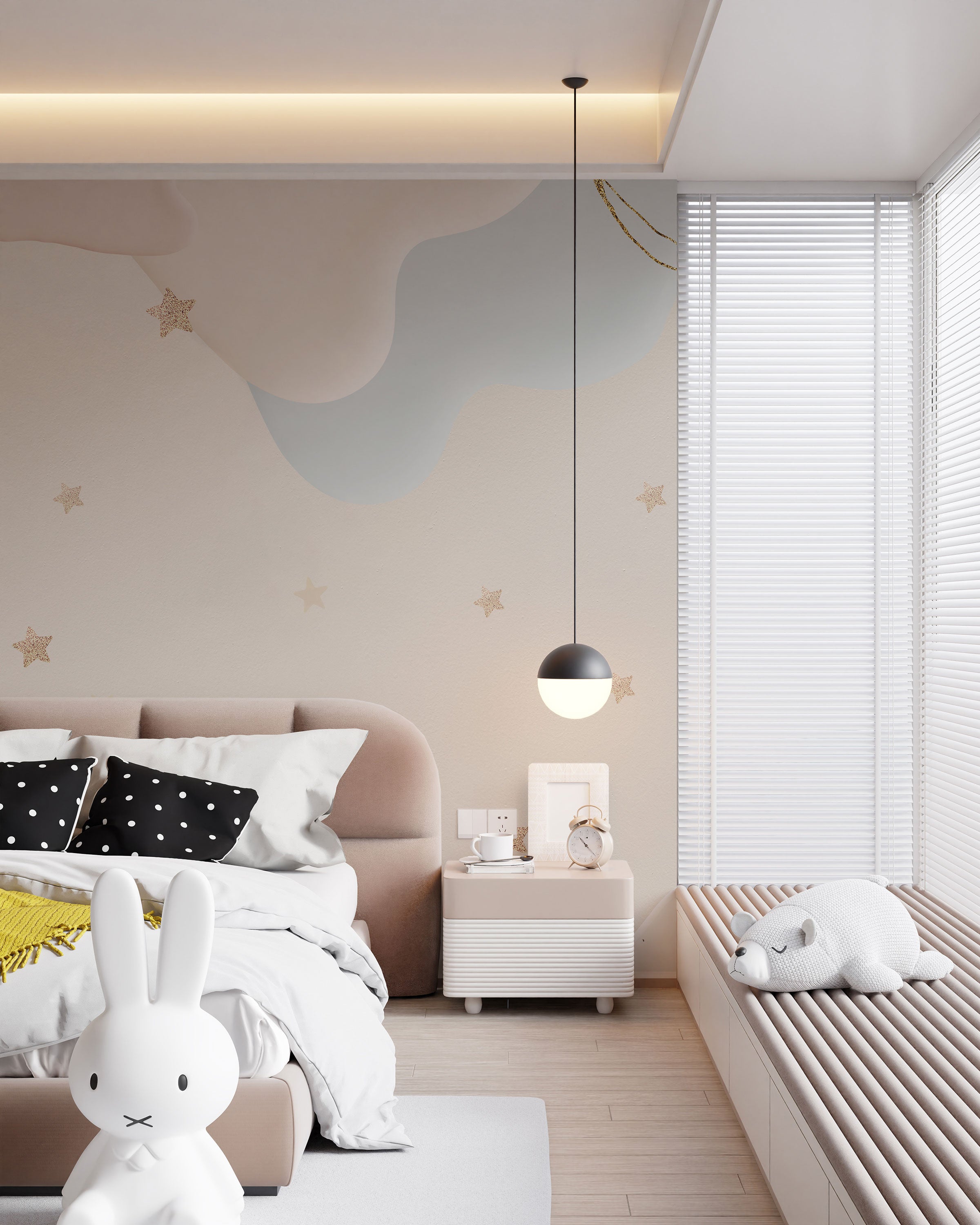 Pastel nursery wallpaper with soft cloud shapes in blush pink and pale blue, accented with small stars on a light neutral background