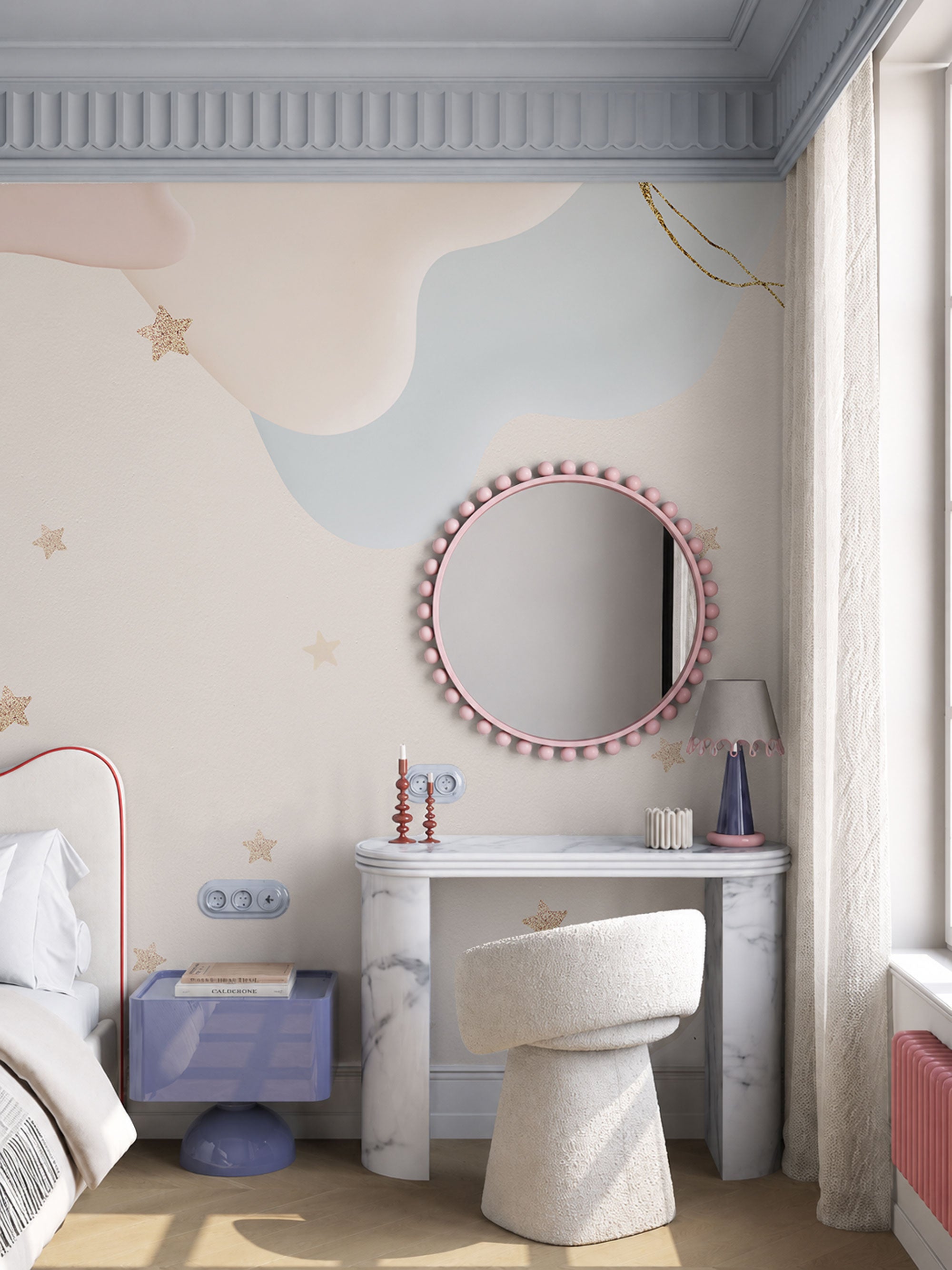 Pastel nursery wallpaper with soft cloud shapes in blush pink and pale blue, accented with small stars on a light neutral background