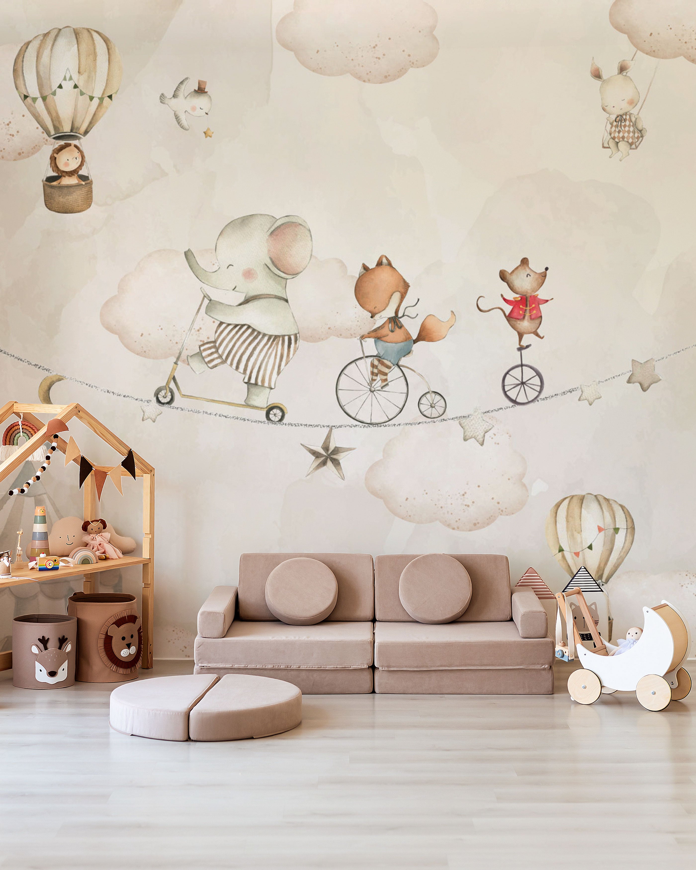 Whimsical children’s mural wallpaper with hand-painted animals balancing on clouds in soft watercolor tones