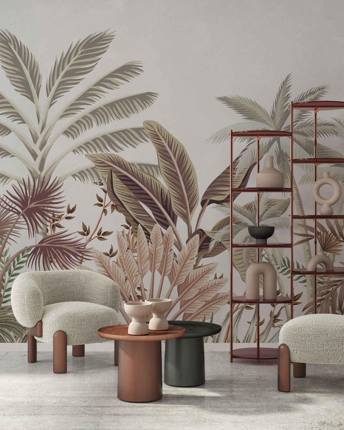 Elegant botanical wallpaper with large tropical palm leaves in muted neutral tones, creating a calm and modern interior atmosphere.