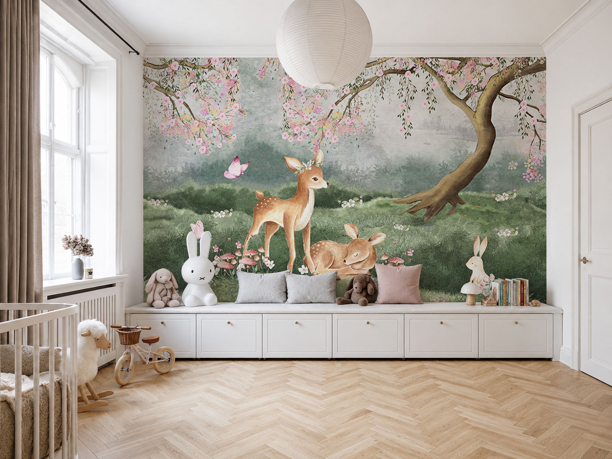 Blossoming Meadow Deer Watercolor Mural Wallpaper