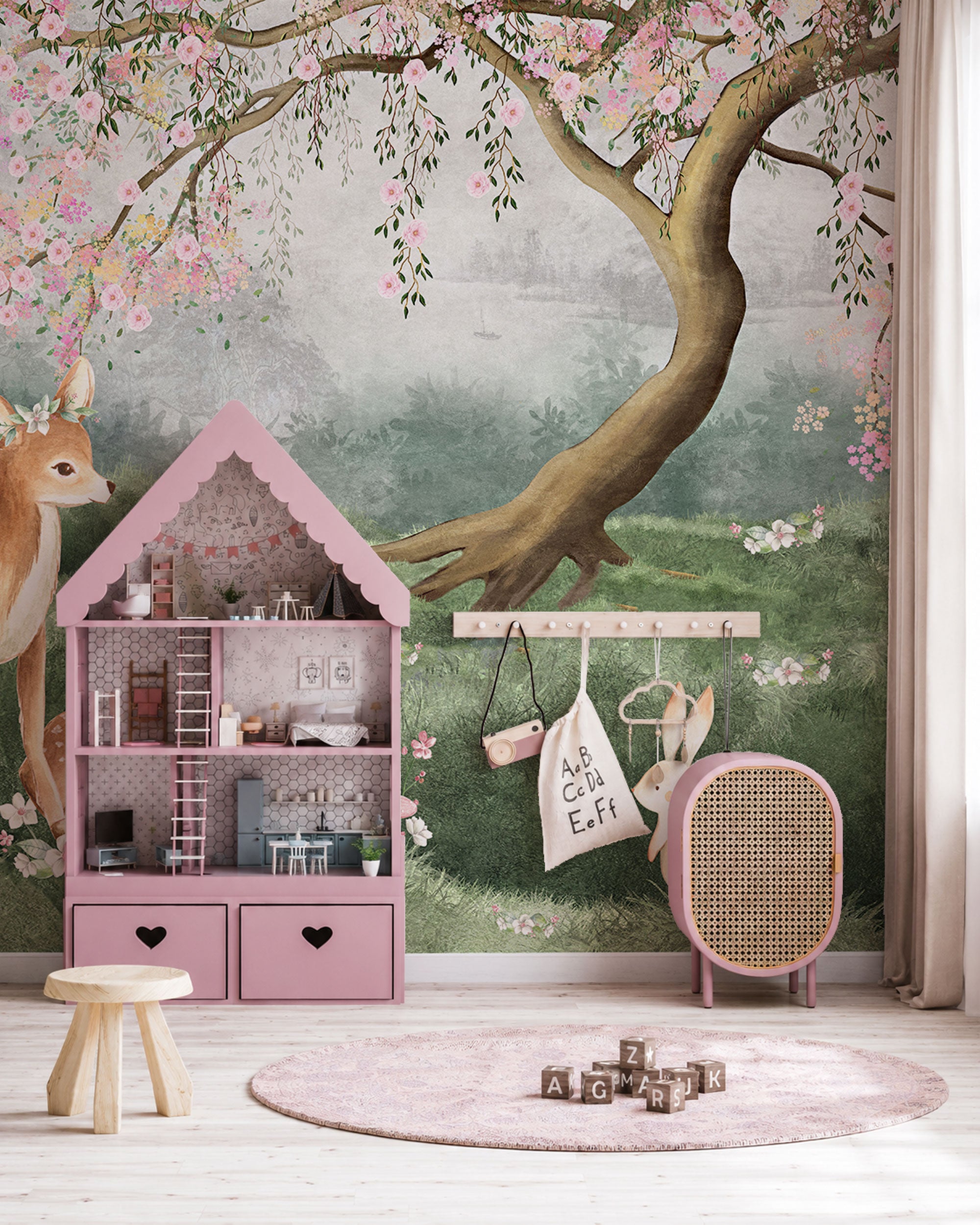 Blossoming Meadow Deer Watercolor Mural Wallpaper