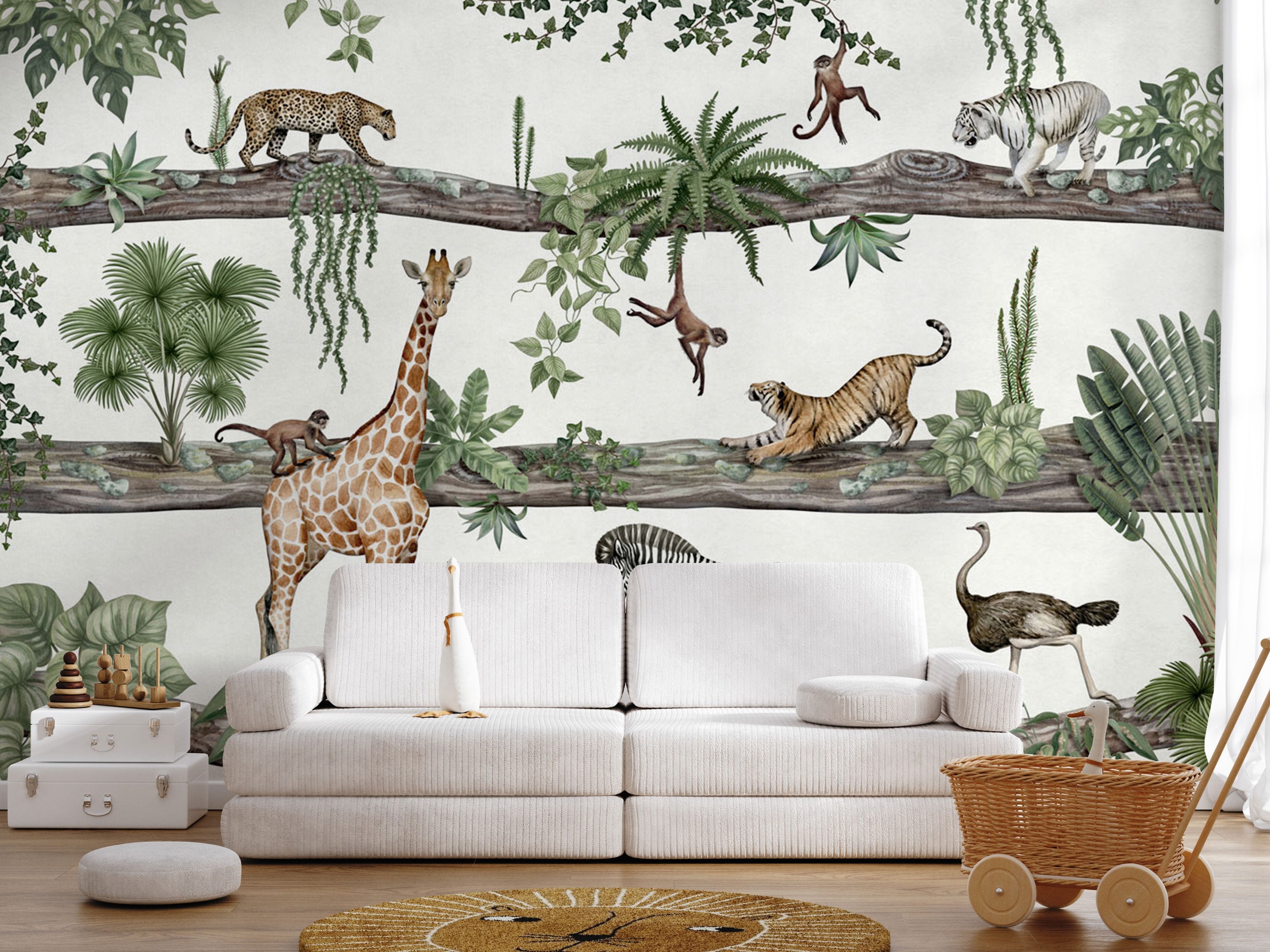Jungle Animal Pattern Soft Neutral Wallpaper