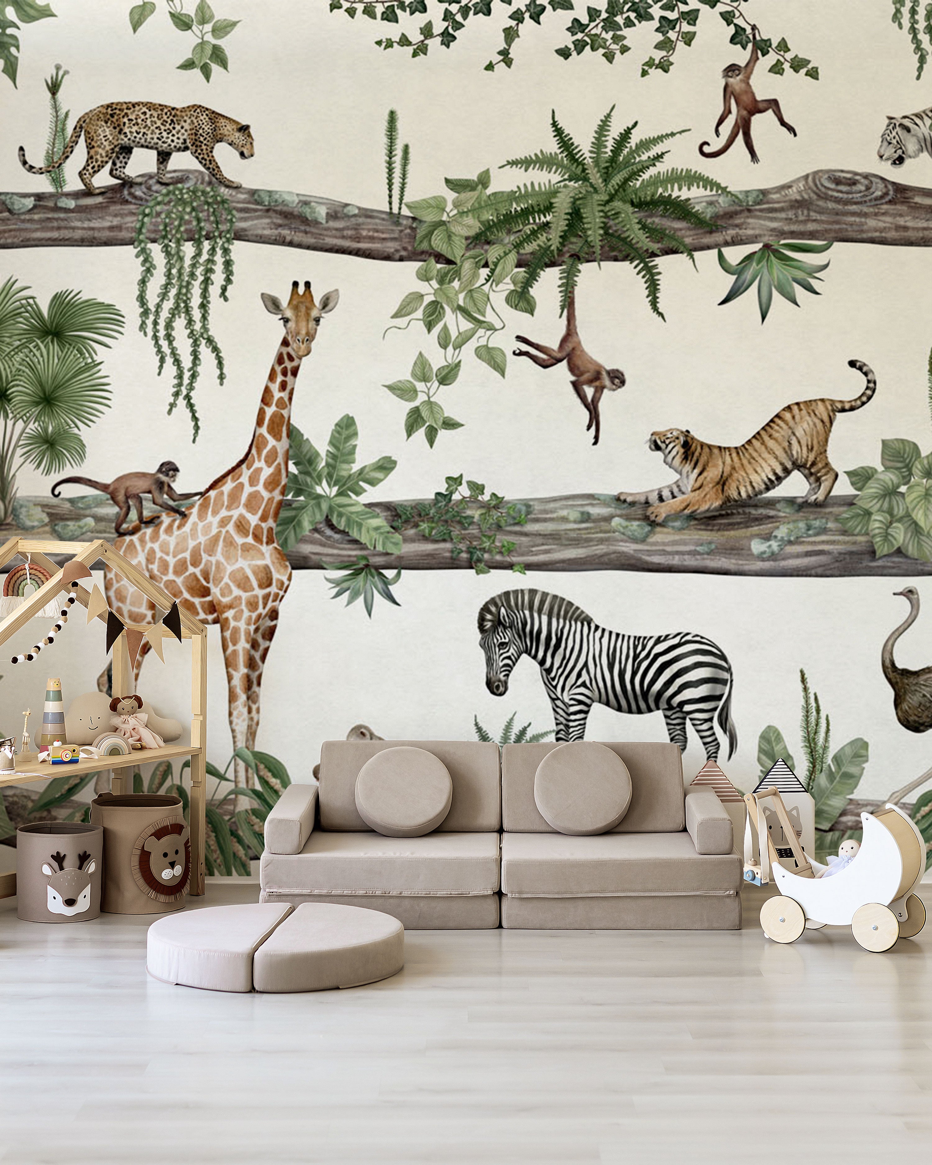 Jungle Animal Pattern Soft Neutral Wallpaper