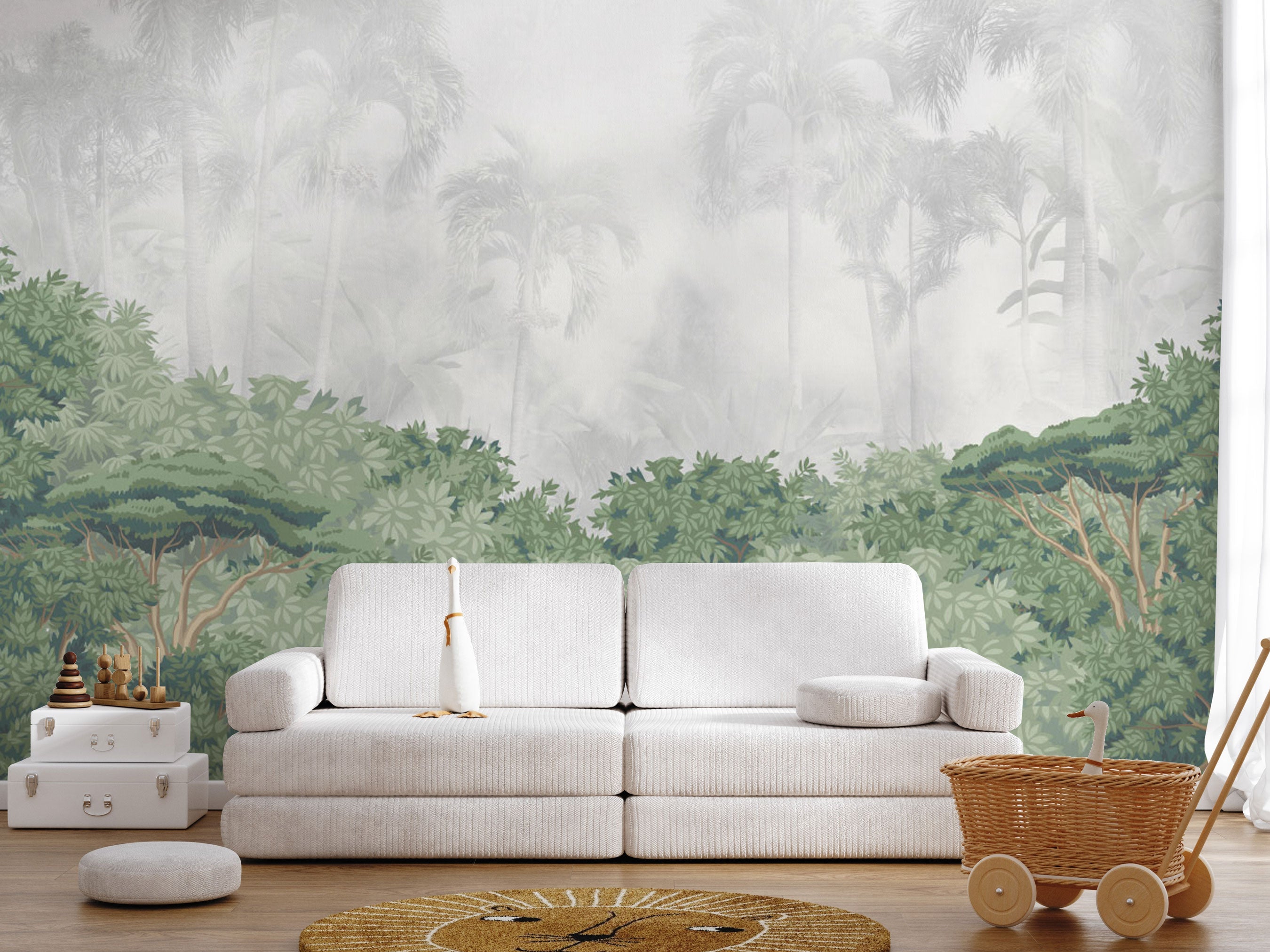 jungle canopy mural wallpaper with layered green treetops and misty background
