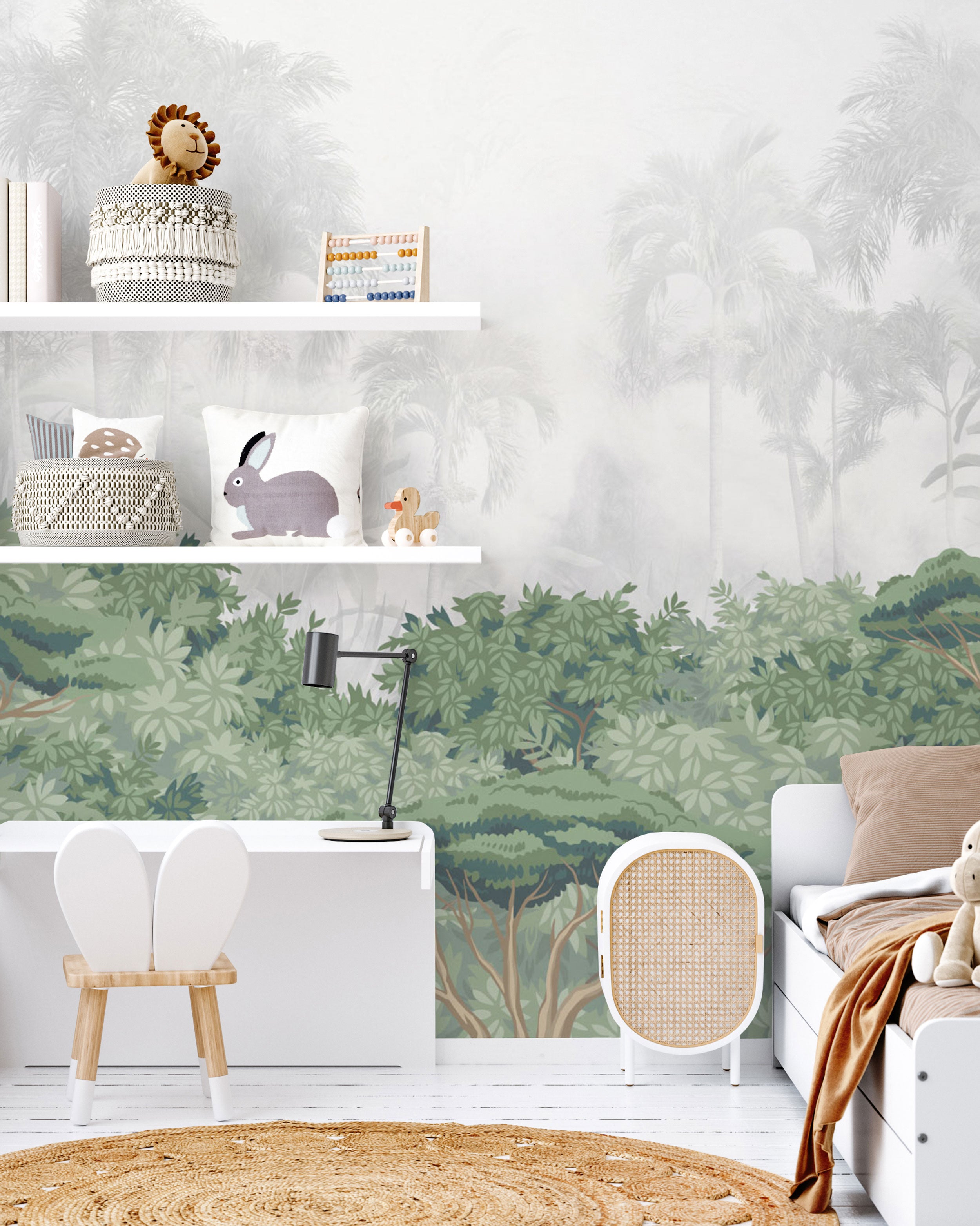 jungle canopy mural tapeta s slojevitim zelenim krošnjama i maglovitom pozadinom