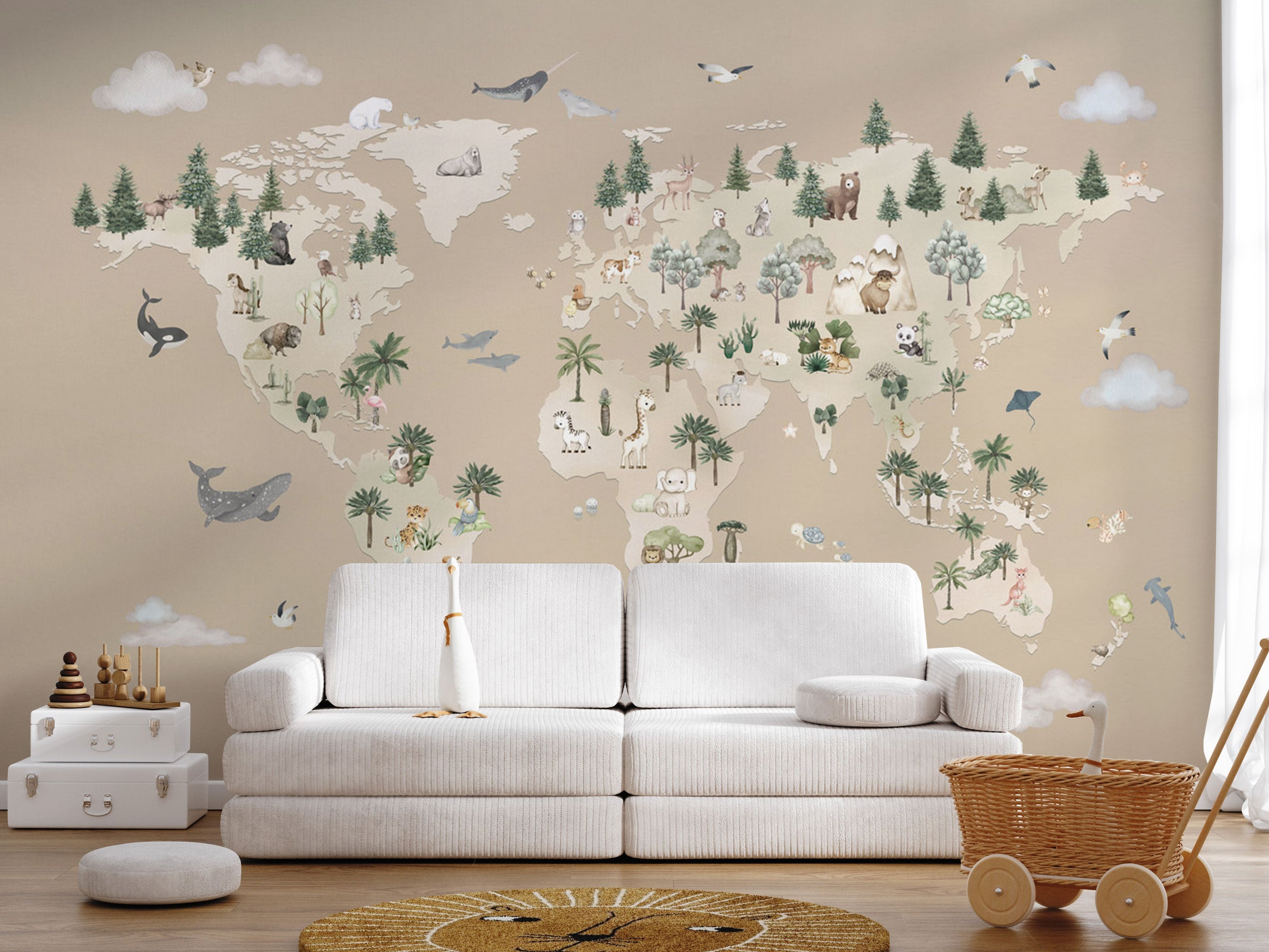 Animal Atlas Blue wallpaper featuring a soft world map with illustrated animals from different continents on a muted brown background