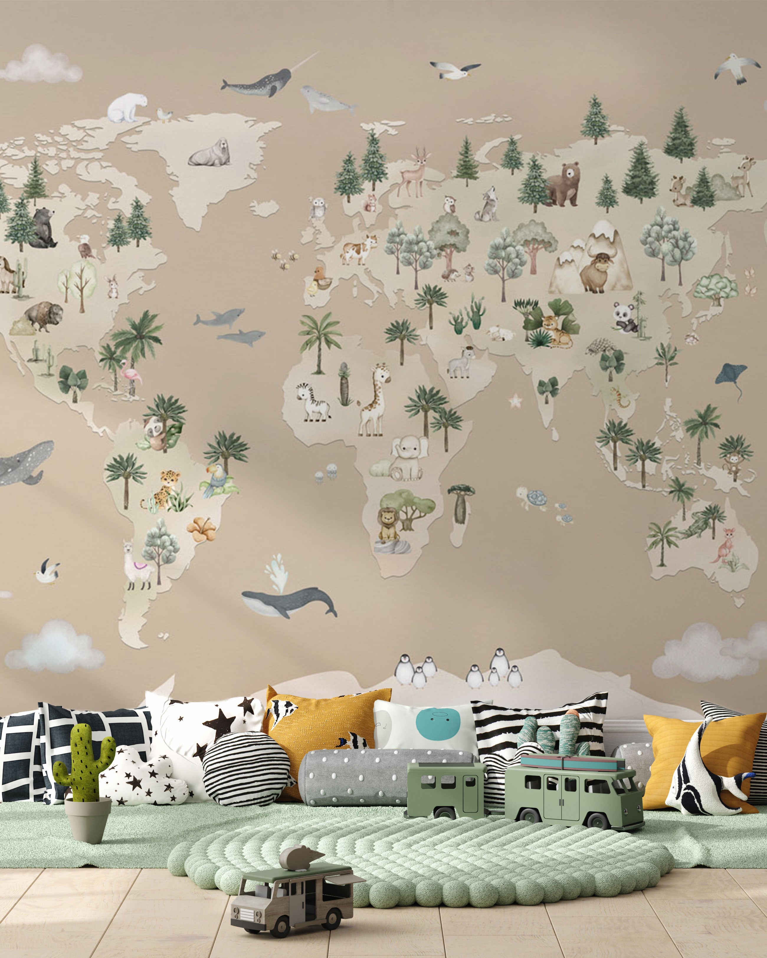 Animal Atlas Blue wallpaper featuring a soft world map with illustrated animals from different continents on a muted brown background