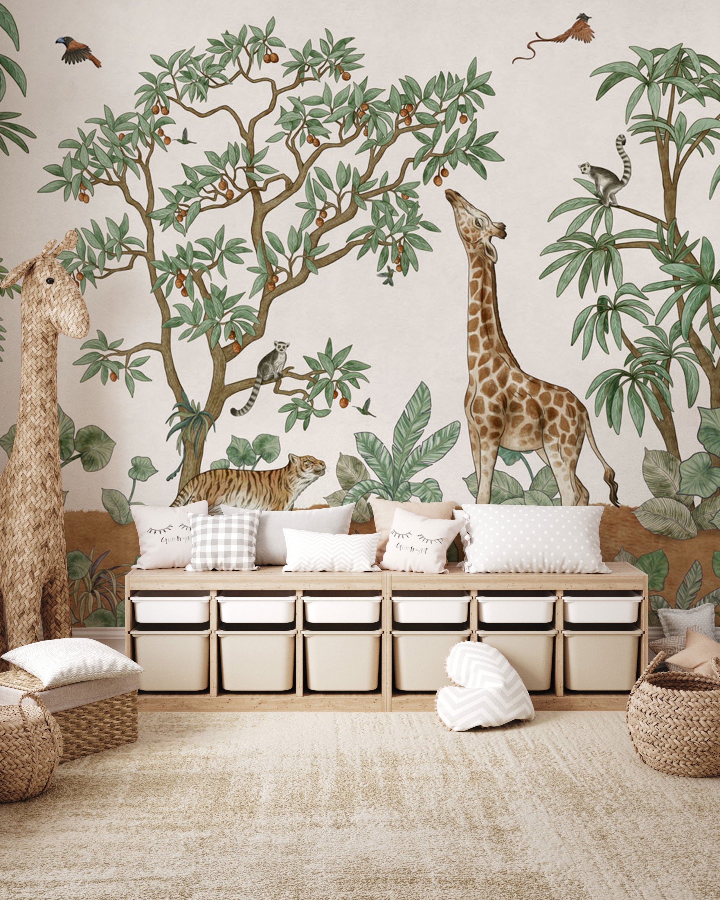 Safari Animal and Tree Neutral Wallpaper Mural