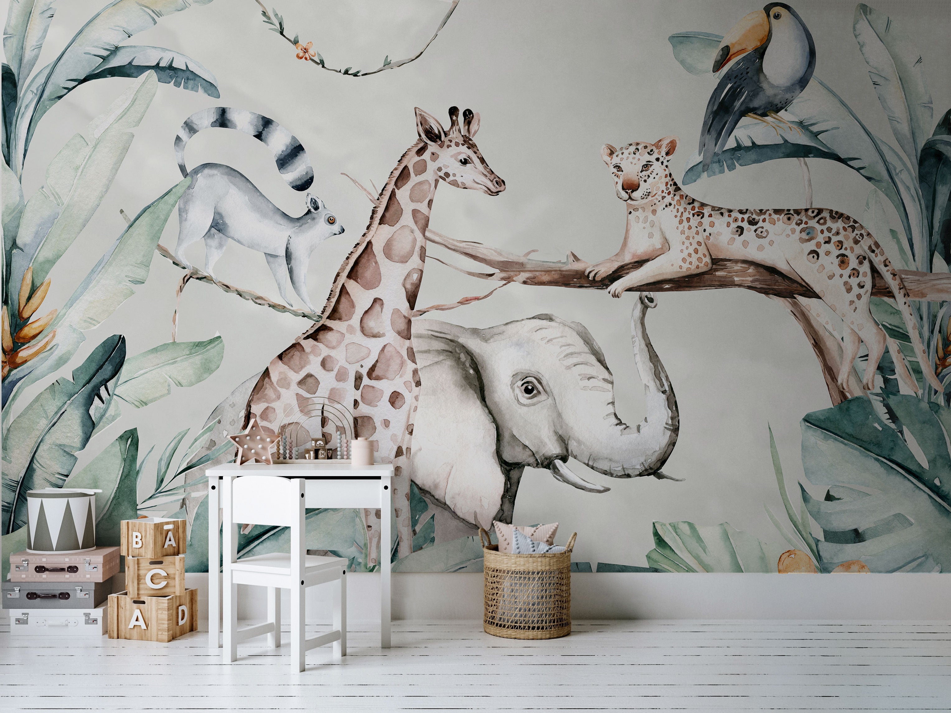 Jungle animals wallpaper with giraffe, elephant and tropical leaves in watercolor style