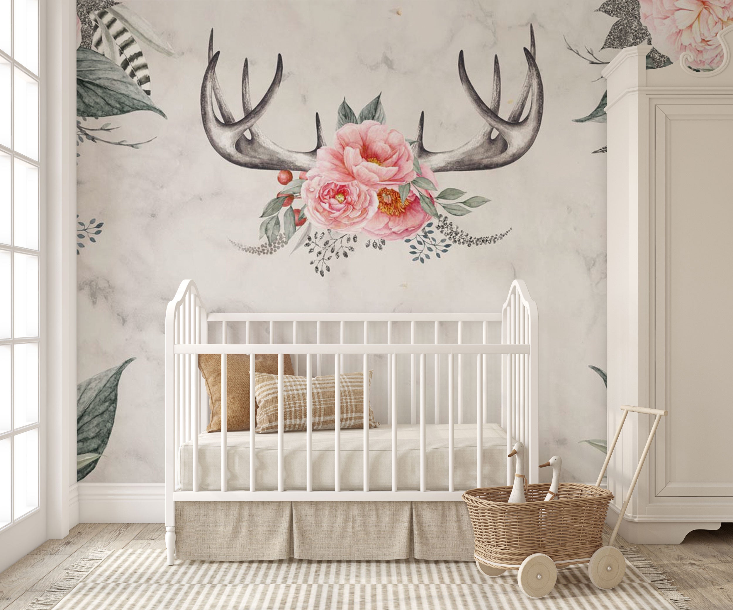 Zidni mural s floralnim jelenom s ružičastim ružama i botaničkim elementima