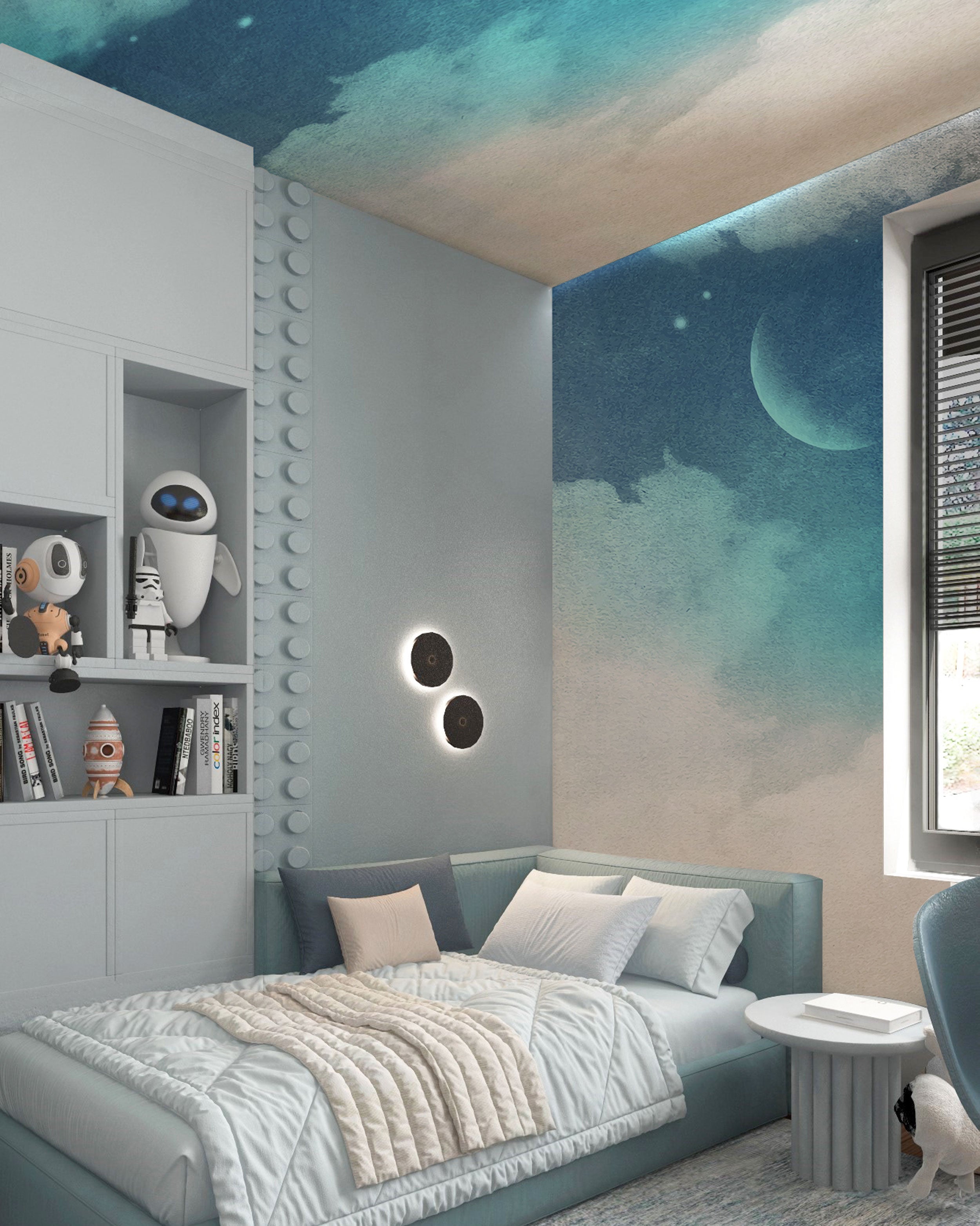 Arabian Nights wallpaper featuring a crescent moon and textured clouds in deep turquoise night sky tones