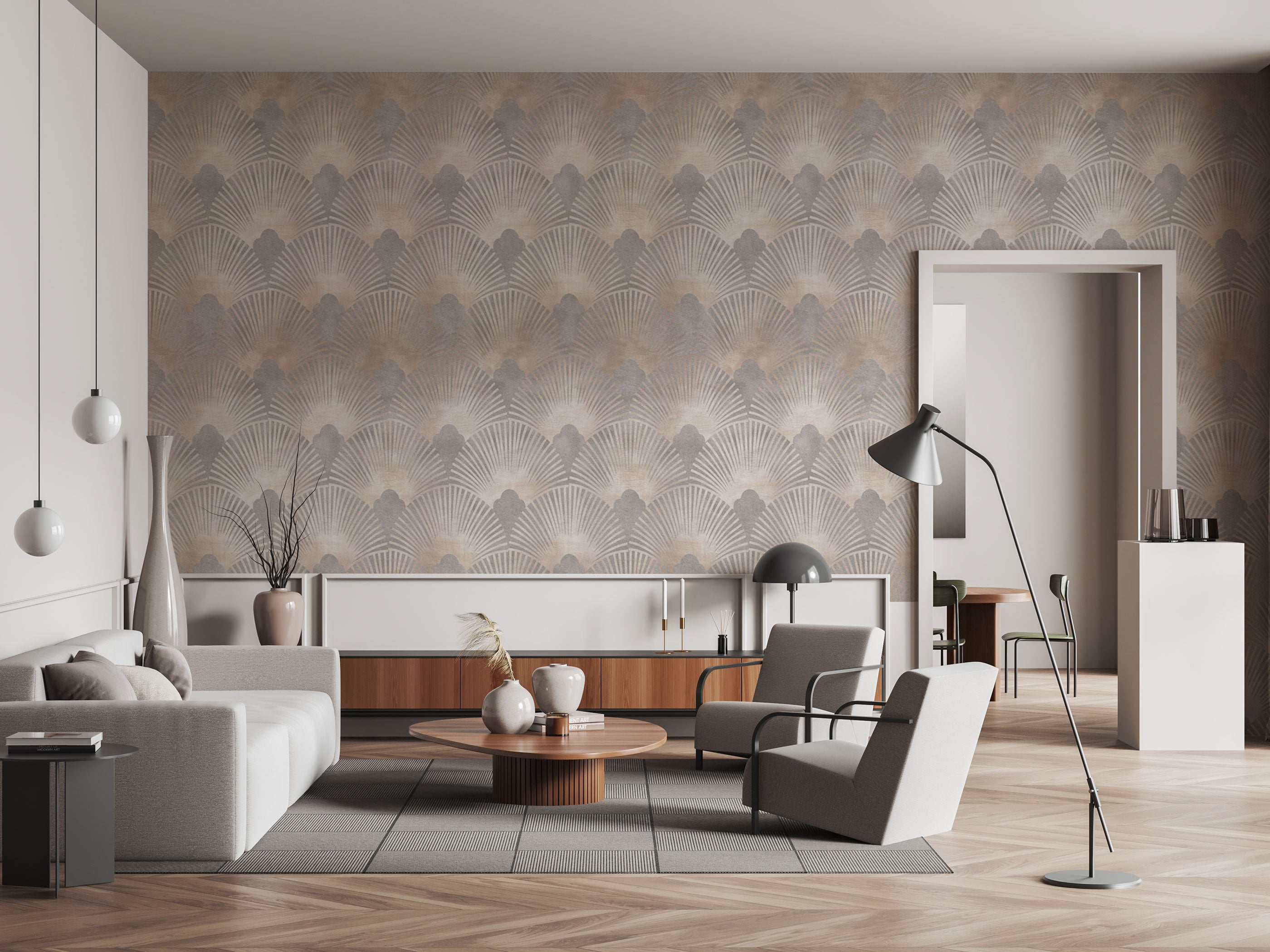 Art Deco fan pattern wallpaper in soft beige and grey tones with subtle metallic texture creating a refined and elegant interior backdrop