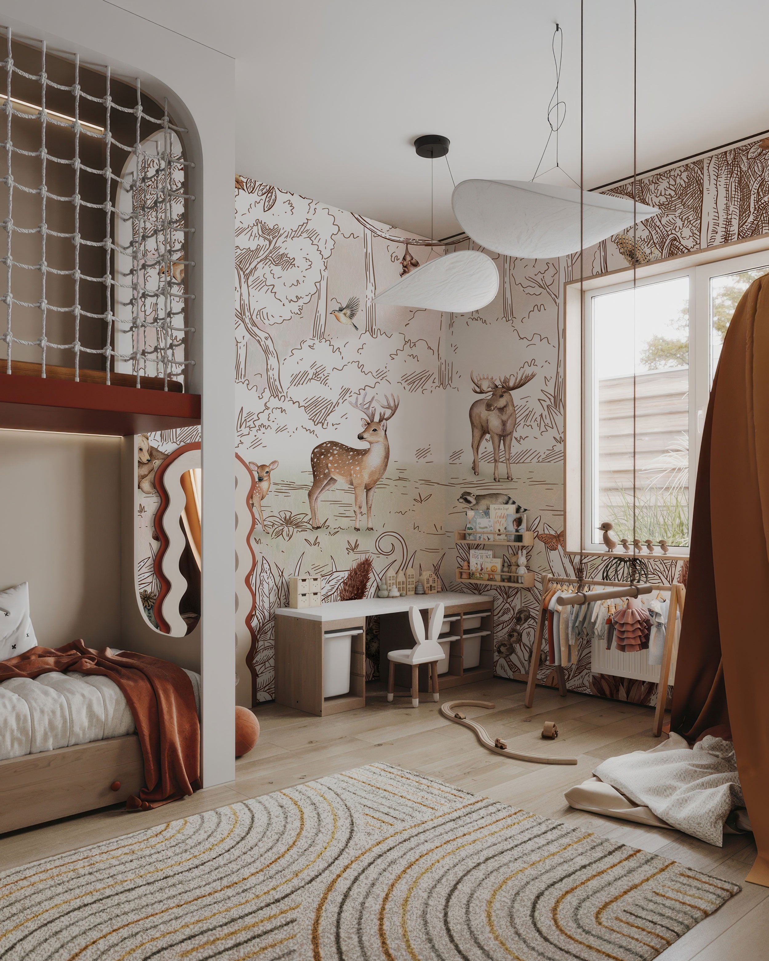 woodland animals wallpaper with hand-drawn forest illustrations in warm neutral tones