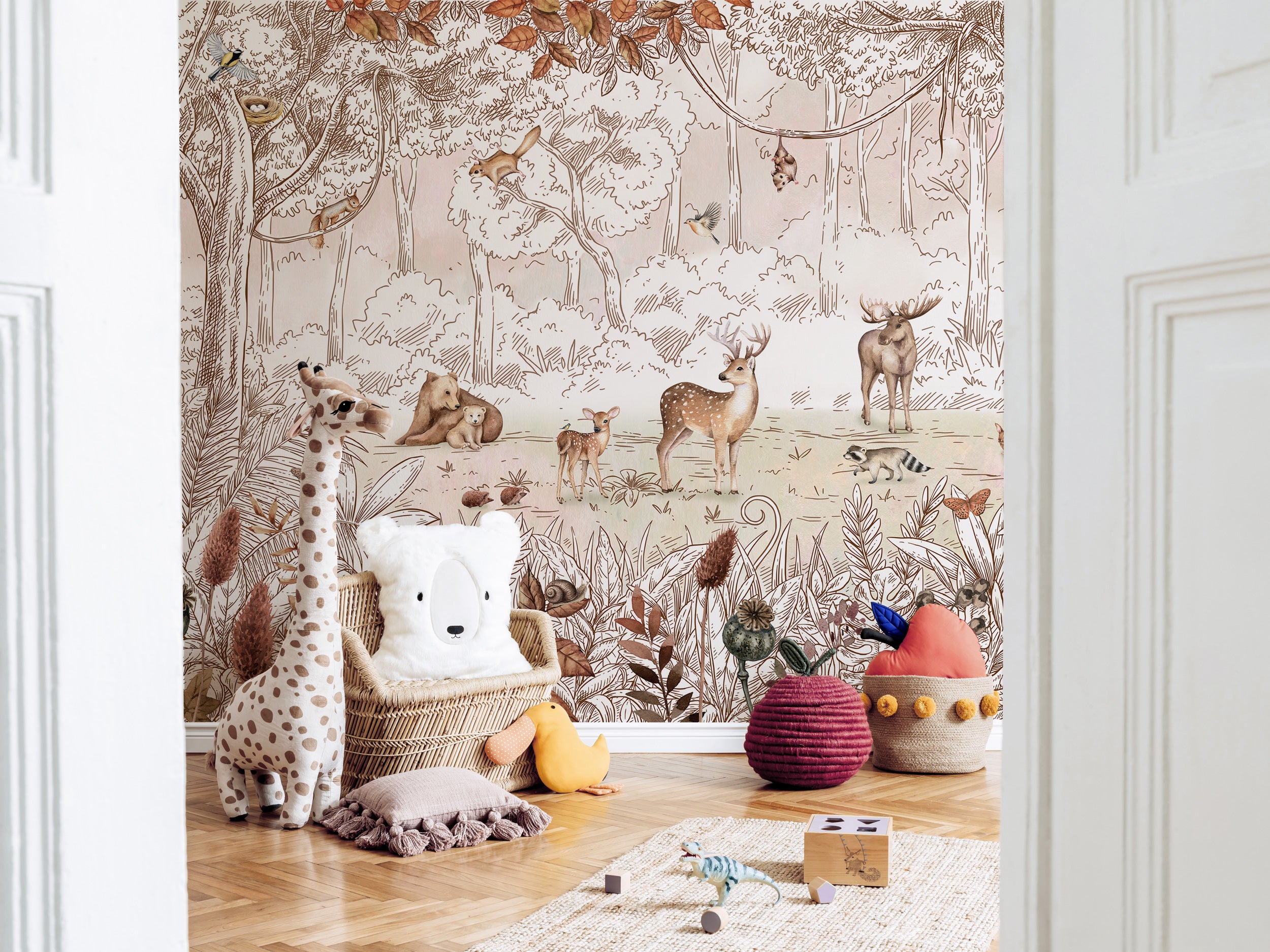 woodland animals wallpaper with hand-drawn forest illustrations in warm neutral tones