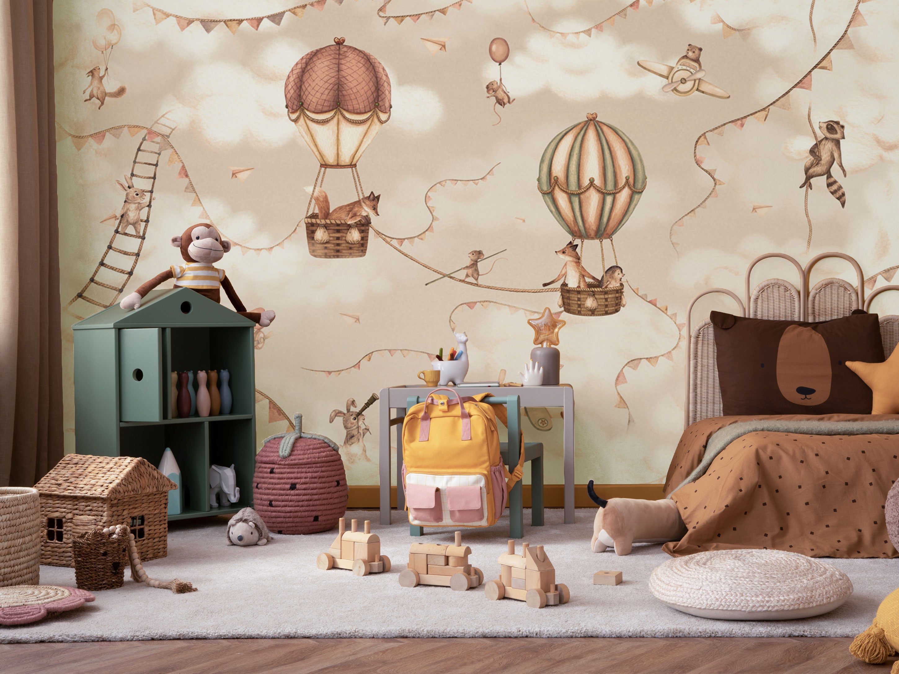 Hot air balloons on beige background with animals wallpaper 