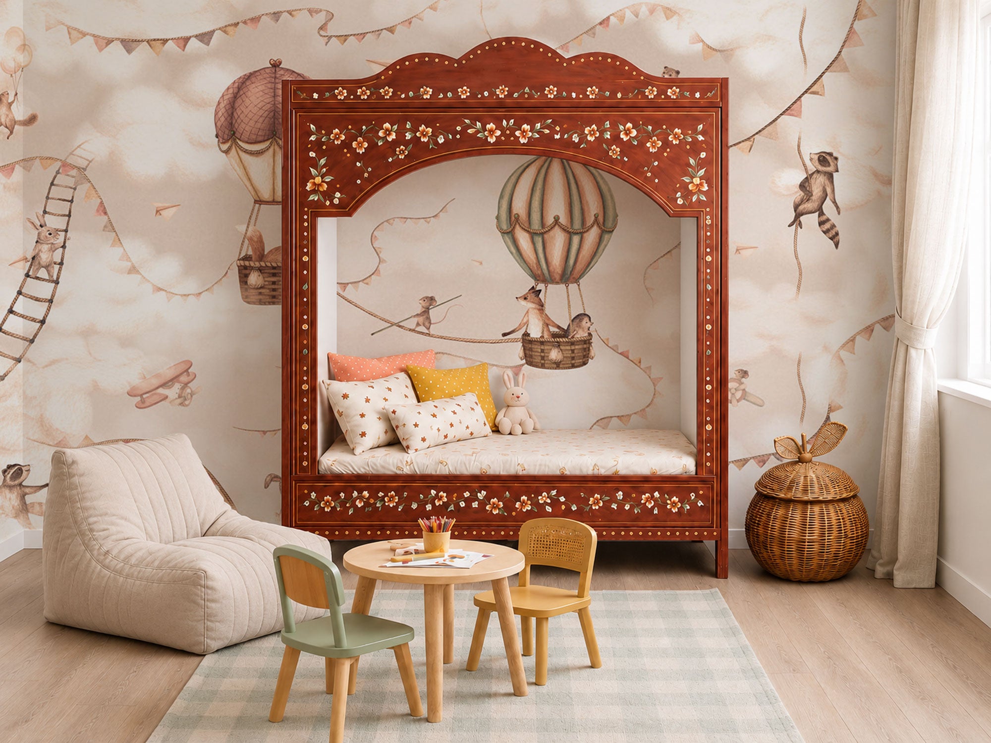 Hot air balloons on beige background with animals wallpaper 