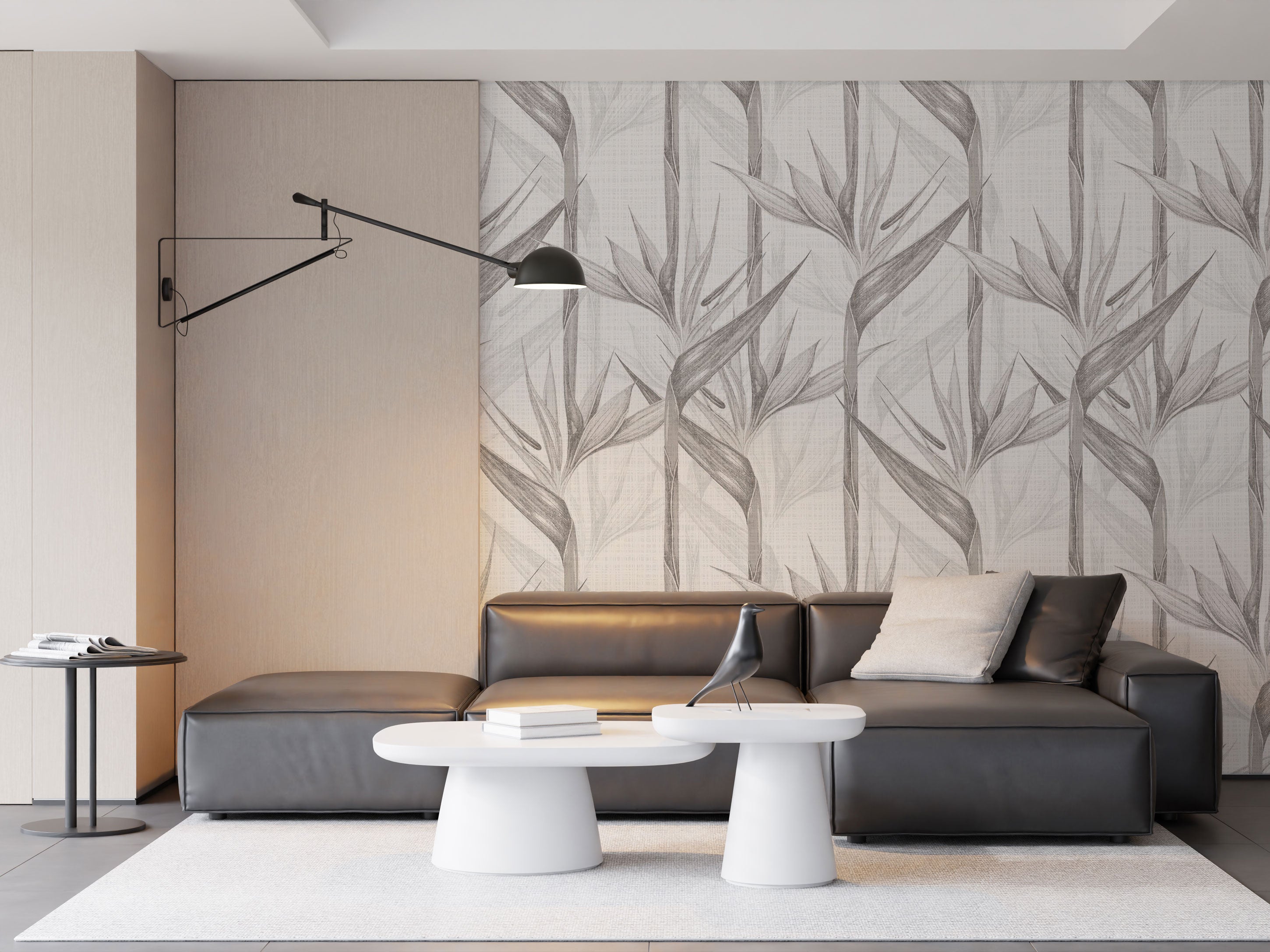 Neutral botanical wallpaper with soft grey leaf silhouettes and subtle textured background