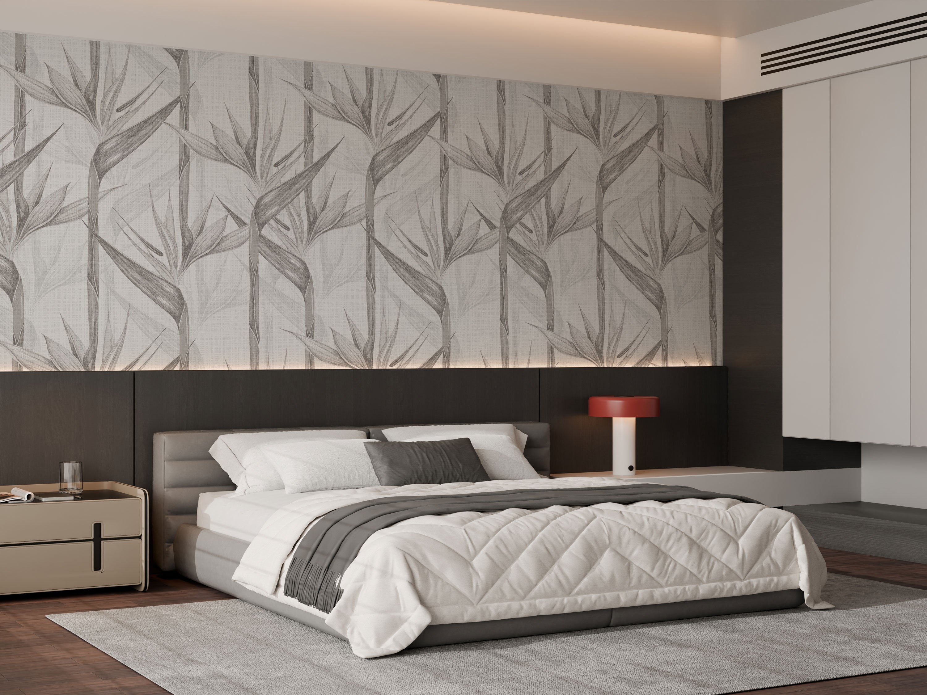 Neutral botanical wallpaper with soft grey leaf silhouettes and subtle textured background