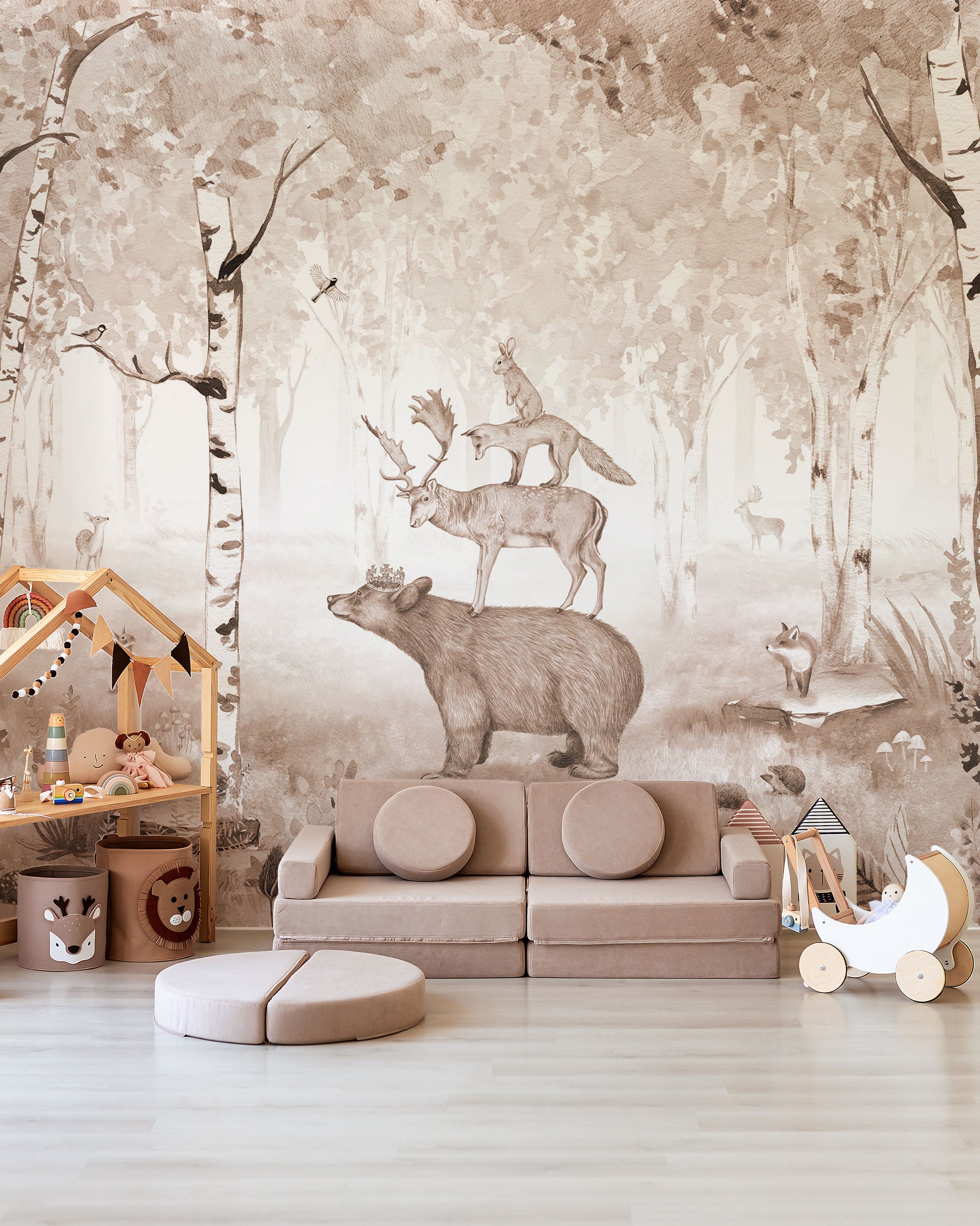 Watercolor woodland animals mural wallpaper in soft beige tones with a fairytale forest scene