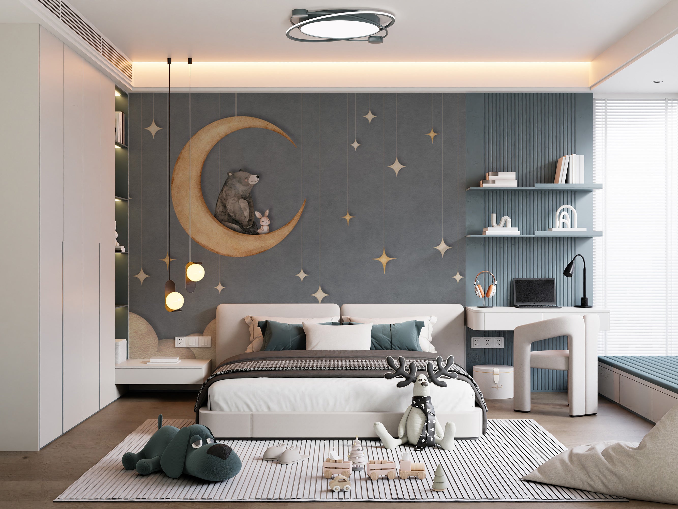 Muted blue wallpaper with beige crescent moon, bear illustration and subtle gold star details