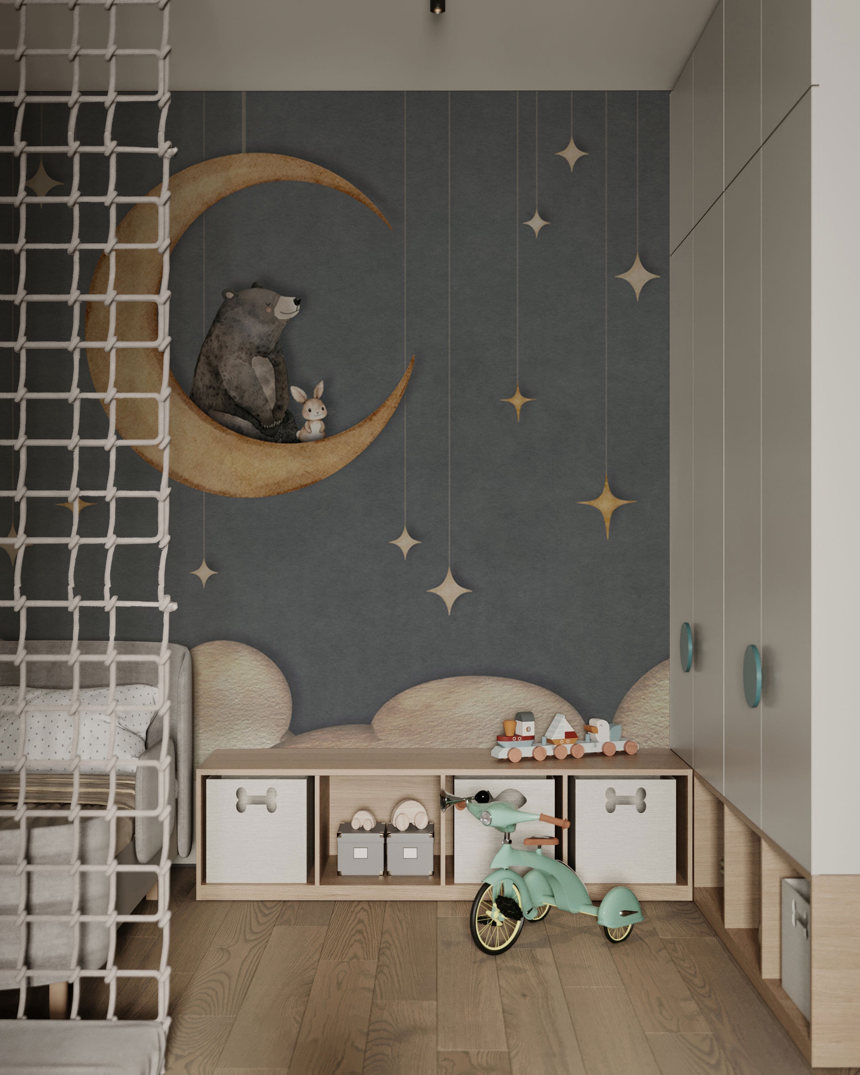 Muted blue wallpaper with beige crescent moon, bear illustration and subtle gold star details