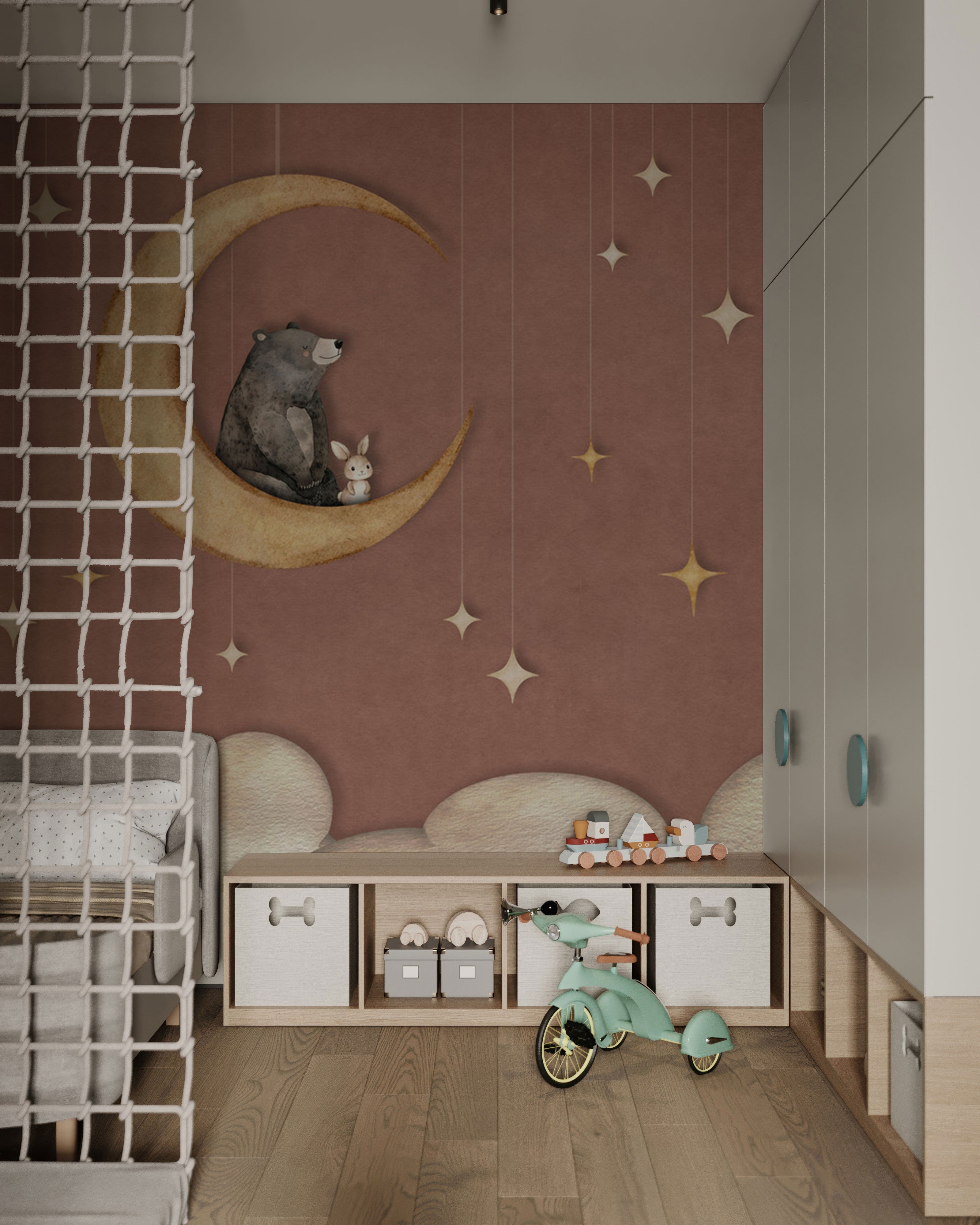 Muted blue wallpaper with beige crescent moon, bear illustration and subtle gold star details