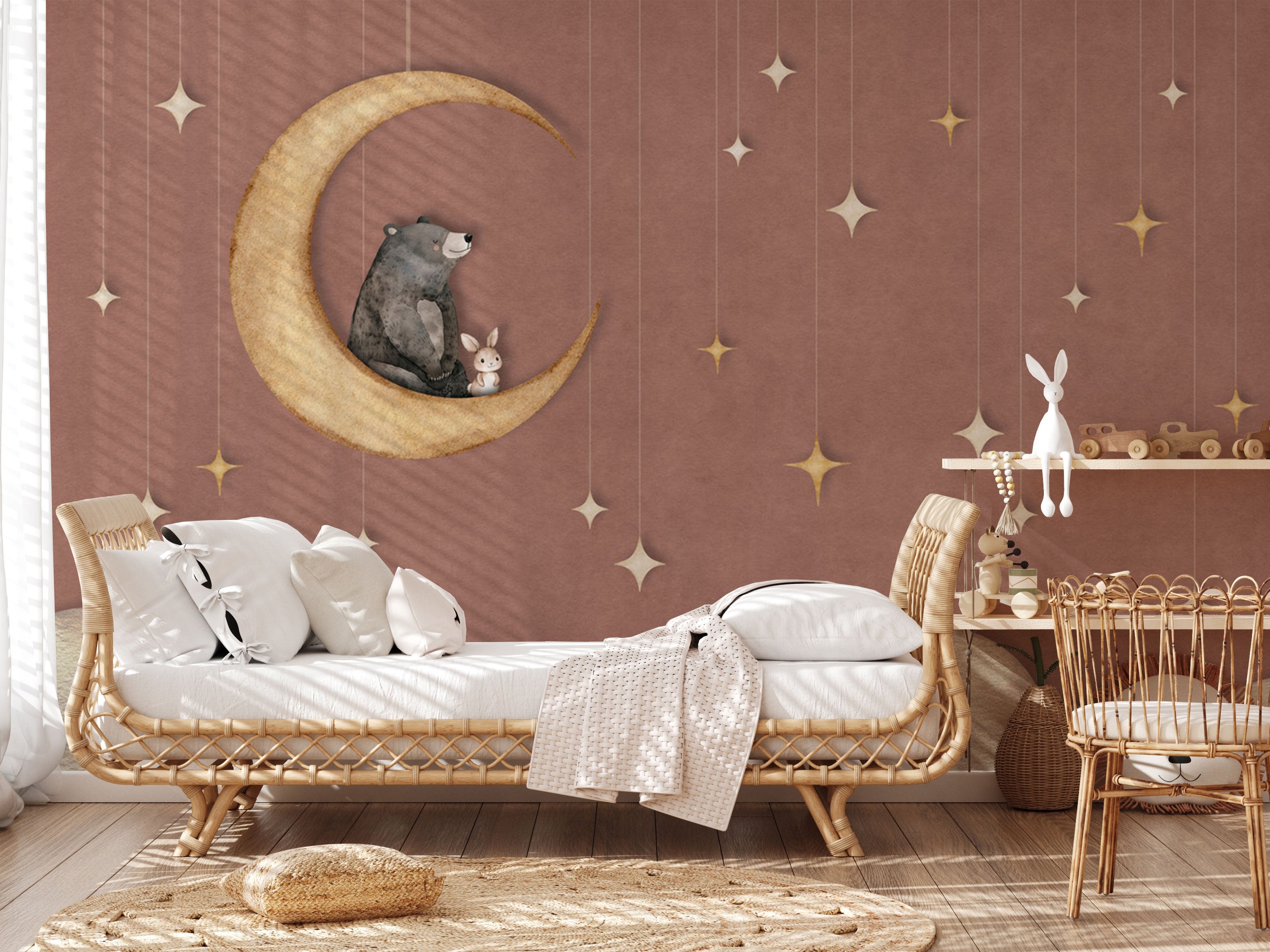 Muted brown wallpaper with beige crescent moon, bear illustration and subtle gold star details
