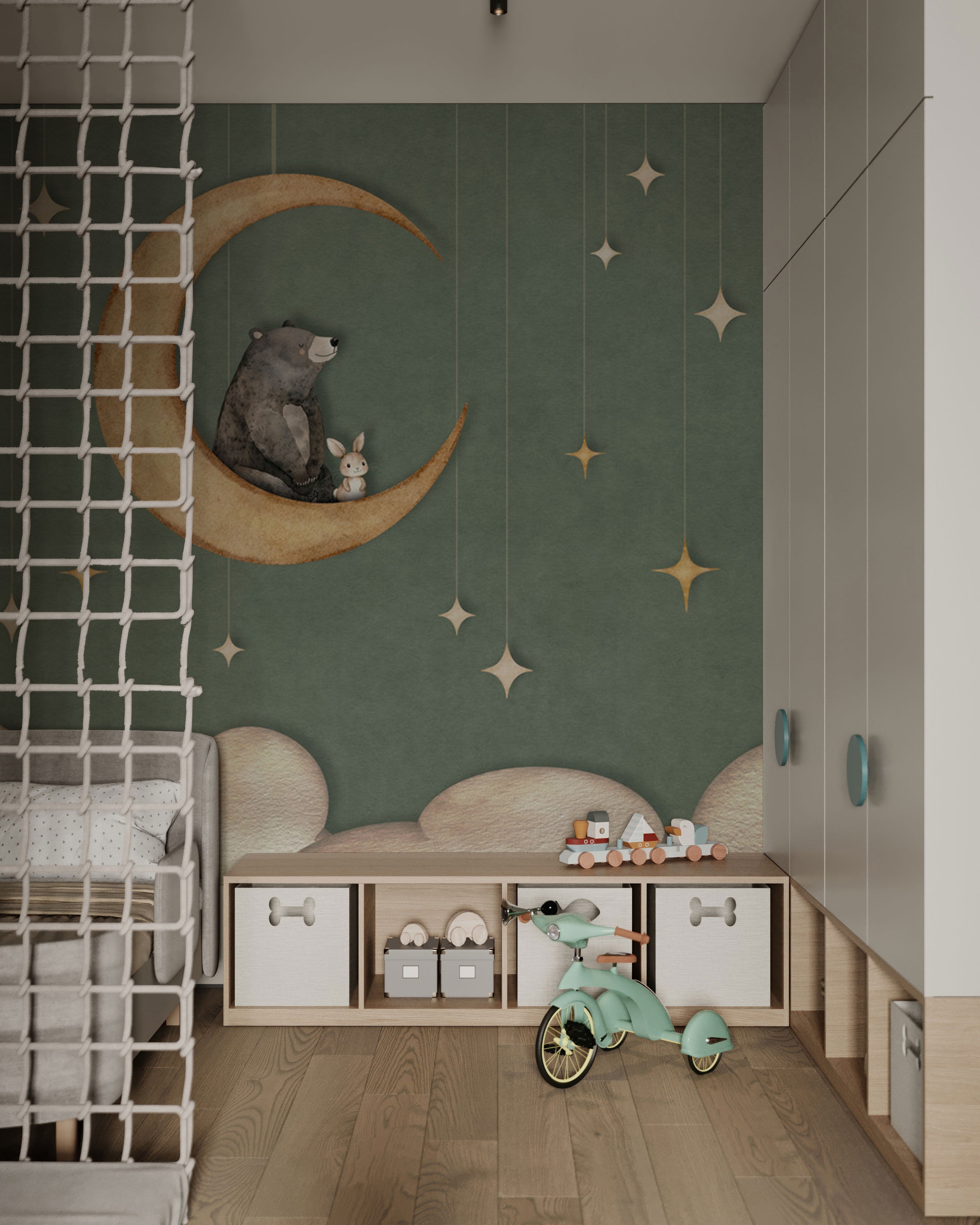 Muted green wallpaper with beige crescent moon, bear illustration and subtle gold star details