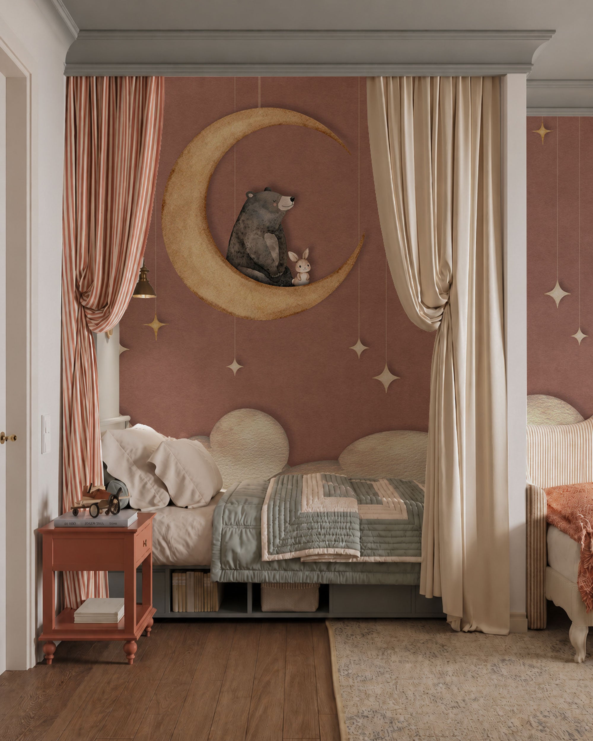 Muted brown wallpaper with beige crescent moon, bear illustration and subtle gold star details
