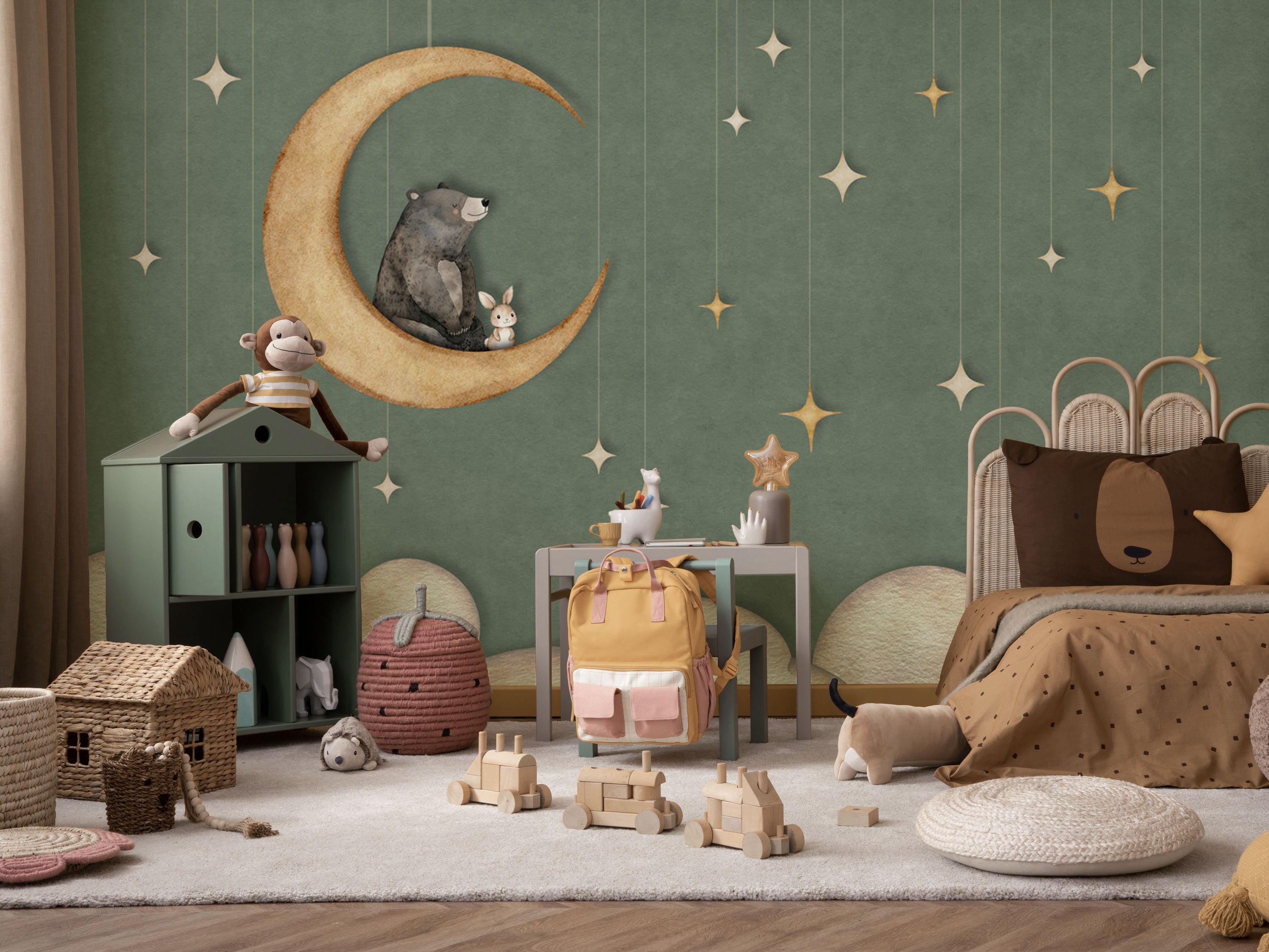 Muted green wallpaper with beige crescent moon, bear illustration and subtle gold star details