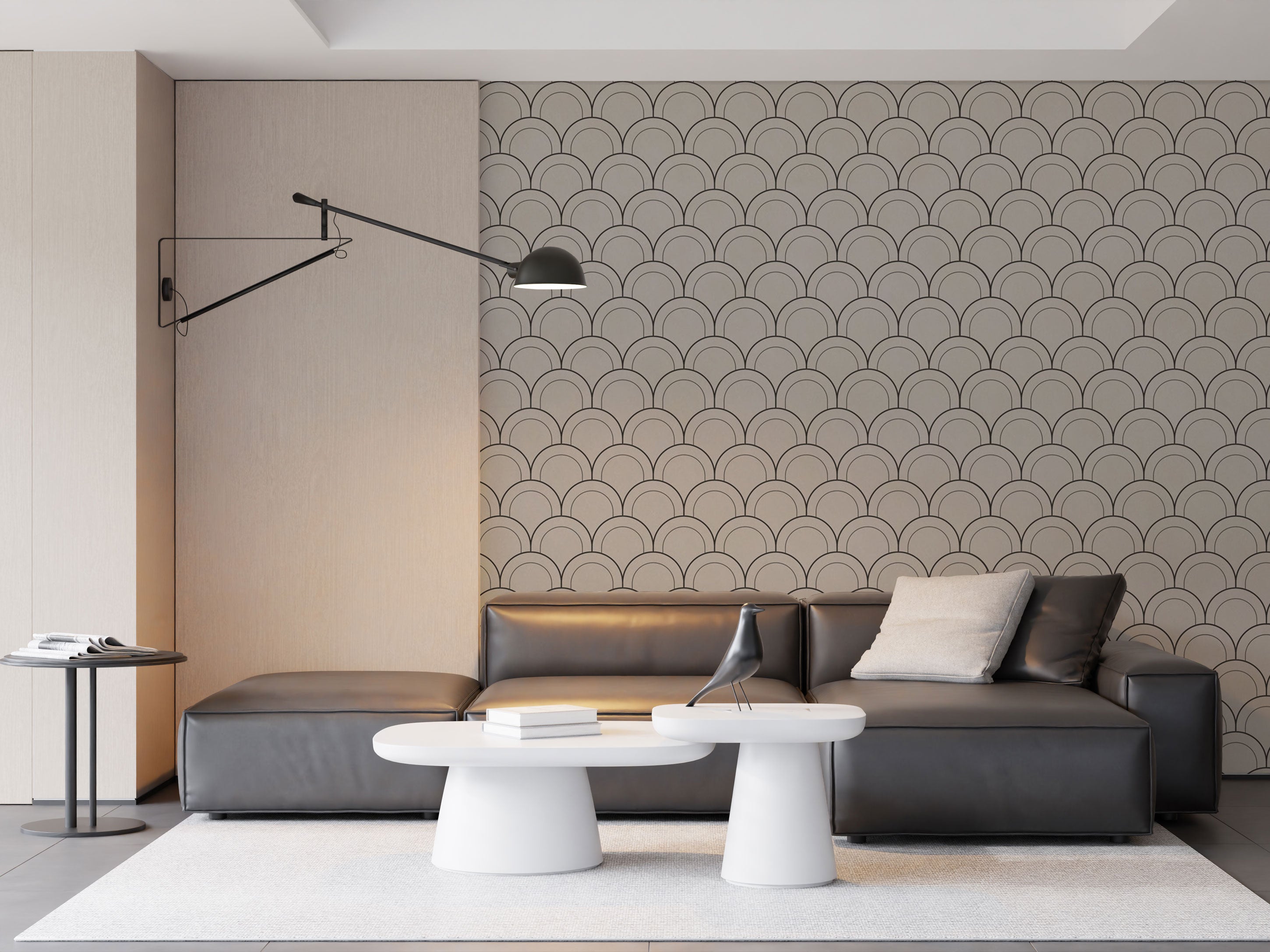 Geometric wallpaper with repeating arch pattern in soft beige and taupe tones with fine dark outlines