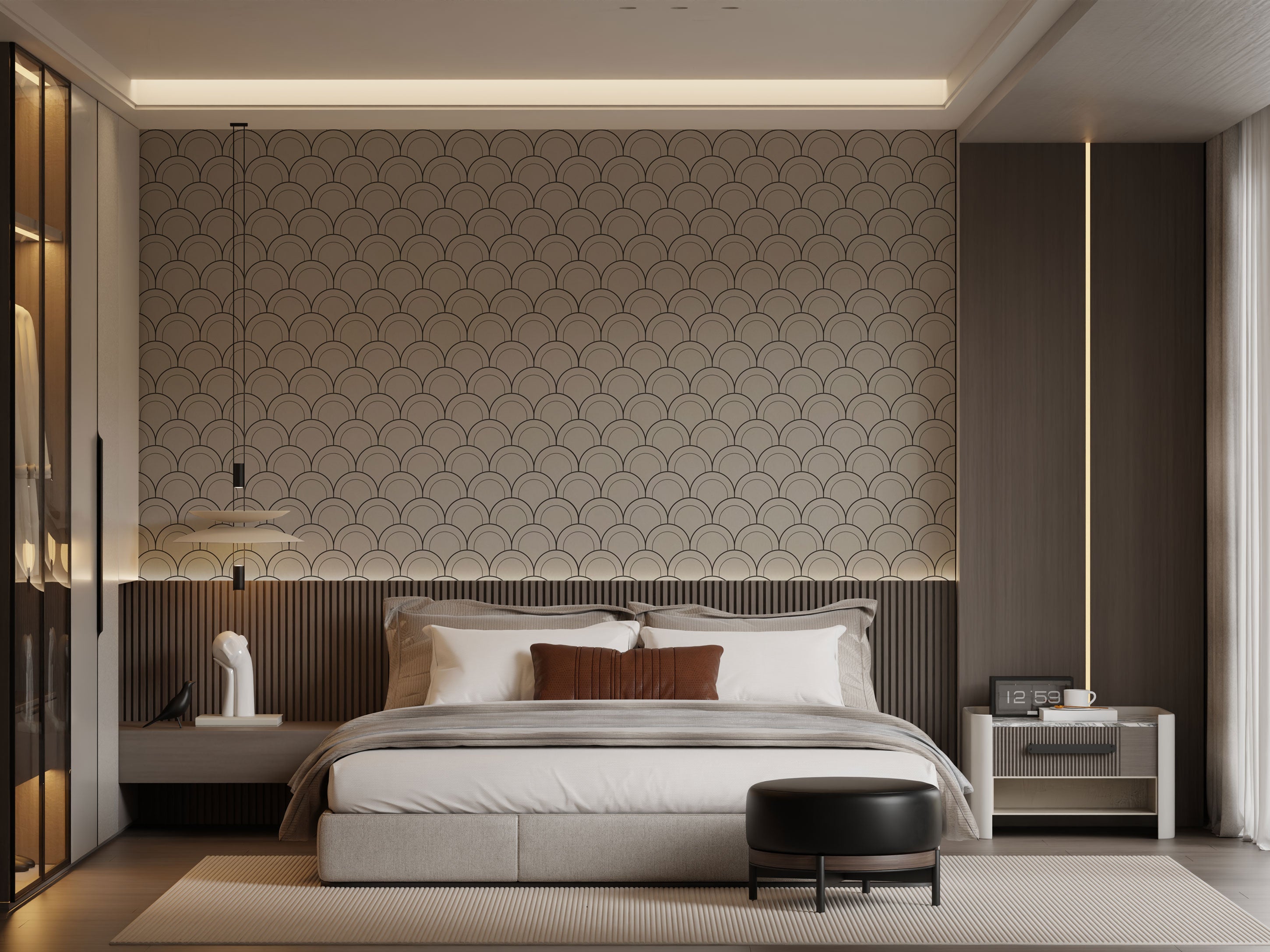 Geometric wallpaper with repeating arch pattern in soft beige and taupe tones with fine dark outlines