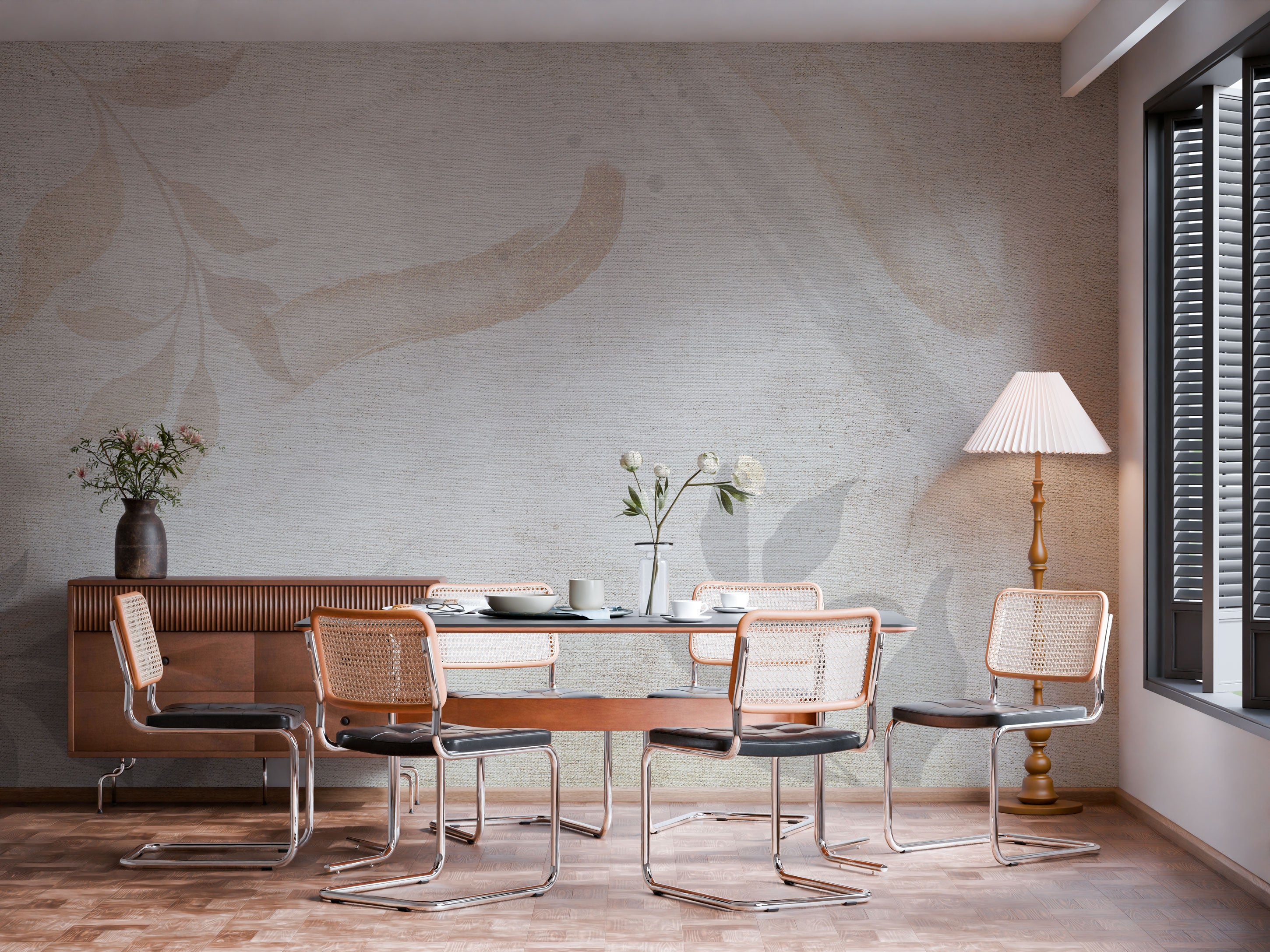 Neutral botanical mural wallpaper with soft leaf motifs and textured background