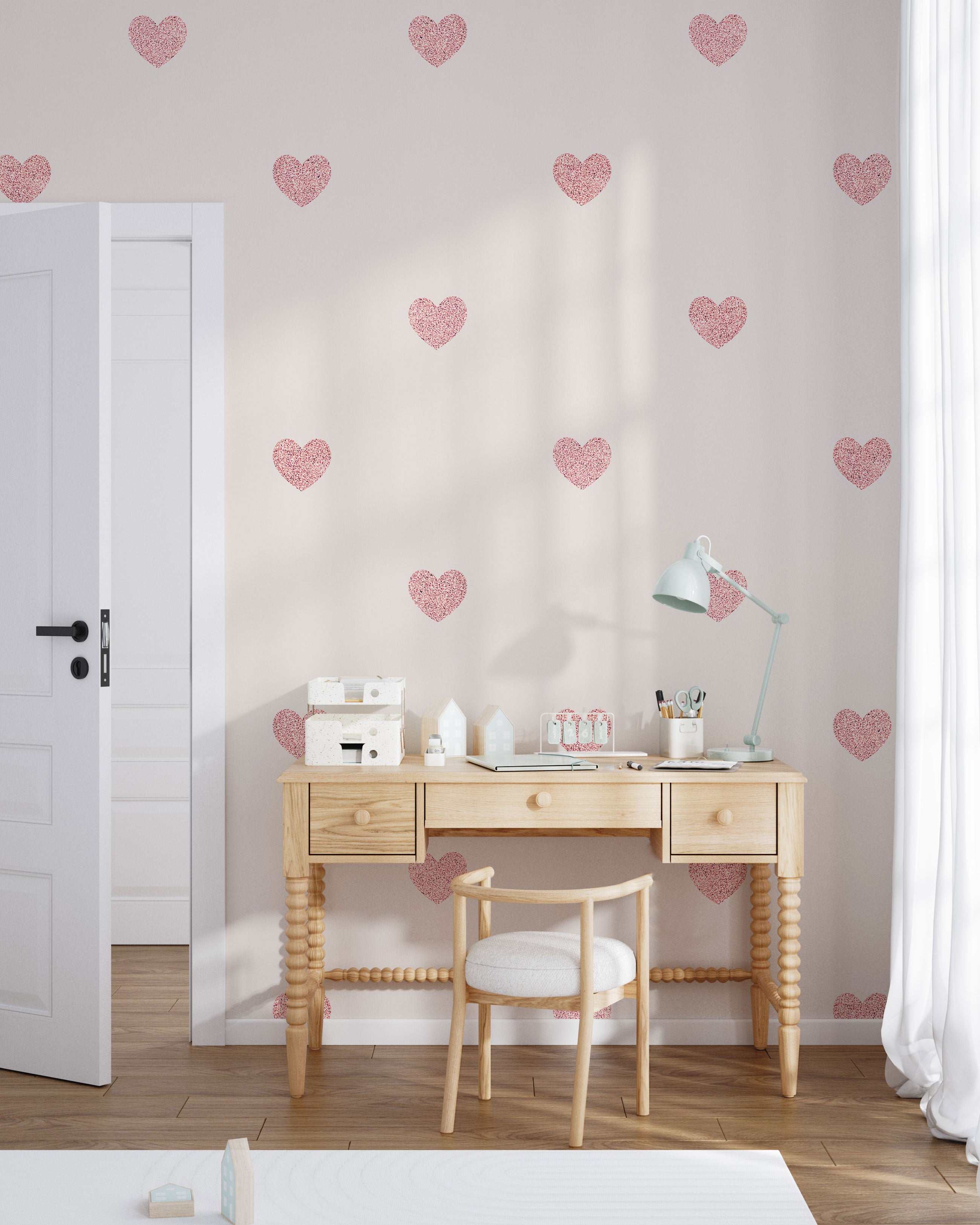 Tapeta s minimalističkim uzorkom srca sa blagim ružičastim i rumenim srcima na toploj bijeloj pozadini - Eclart Walls 