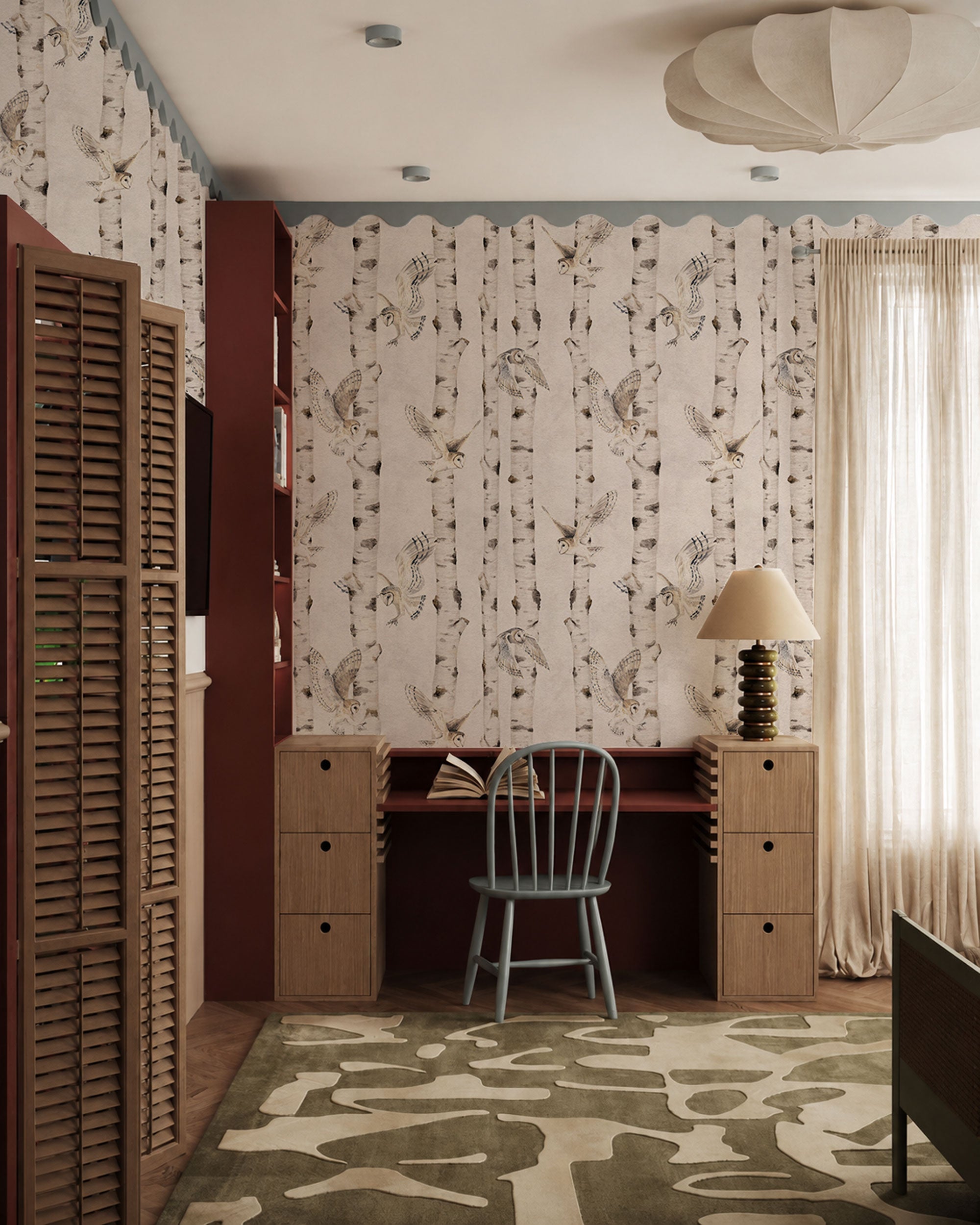Pattern wallpaper with flying owls and birch trees in soft beige and grey tones, creating a calm woodland design for kids rooms and nurseries