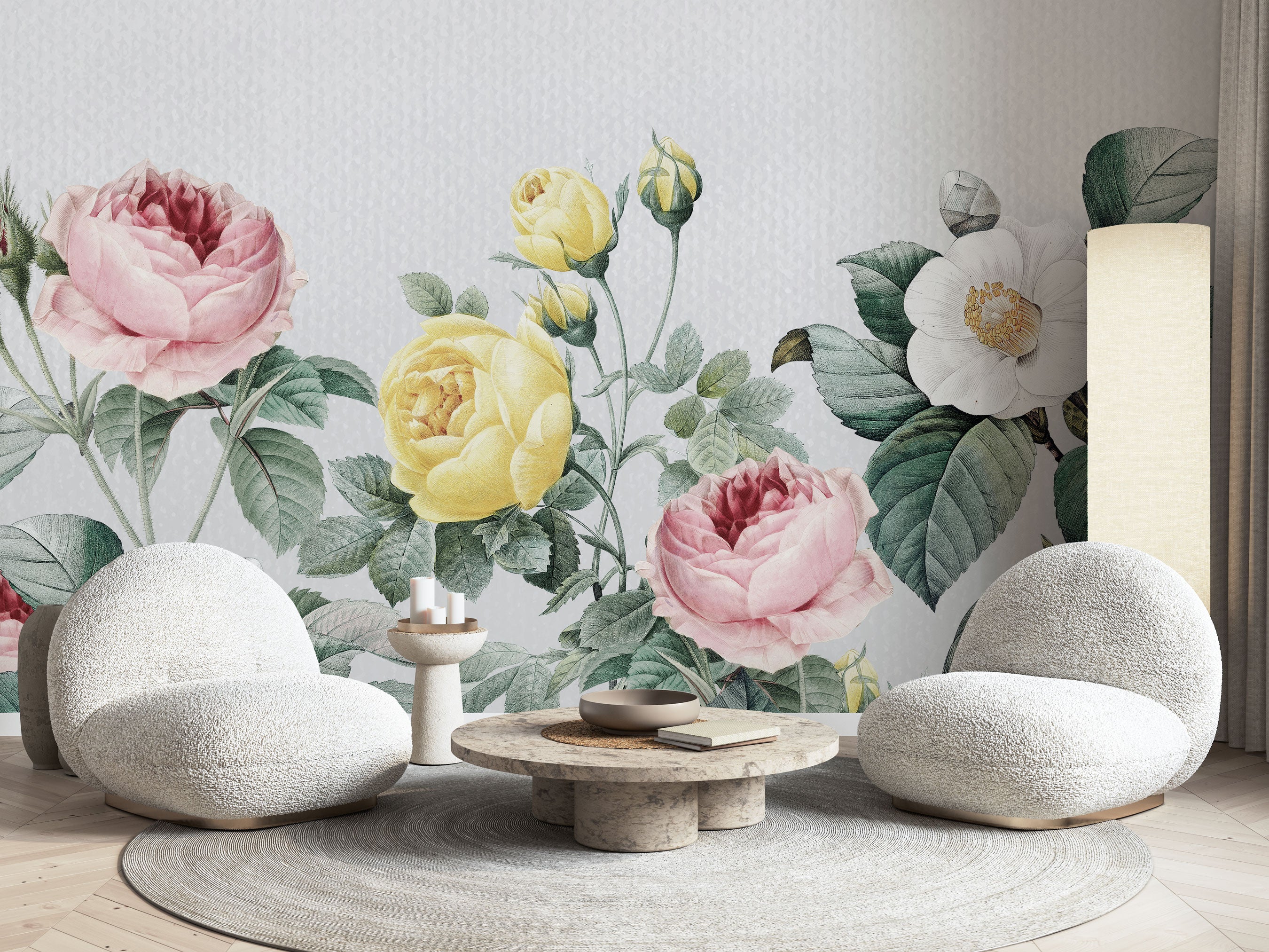 Vintage floral wallpaper with illustrated roses and blossoms in blush pink, pale yellow, creamy white, and muted green tones on a light textured background