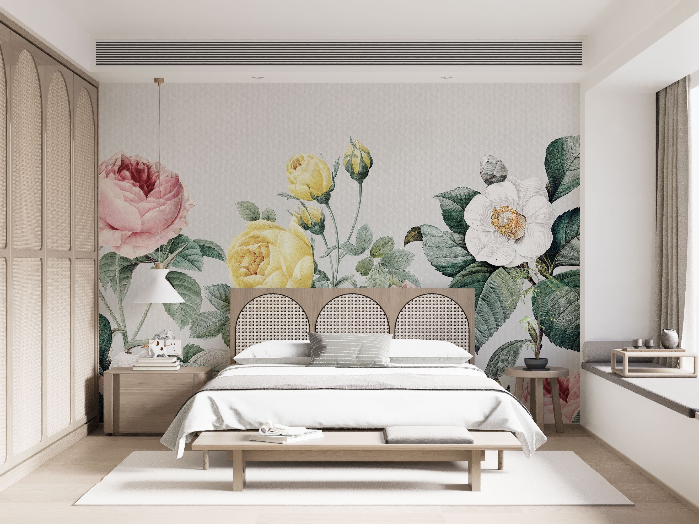 Vintage floral wallpaper with illustrated roses and blossoms in blush pink, pale yellow, creamy white, and muted green tones on a light textured background