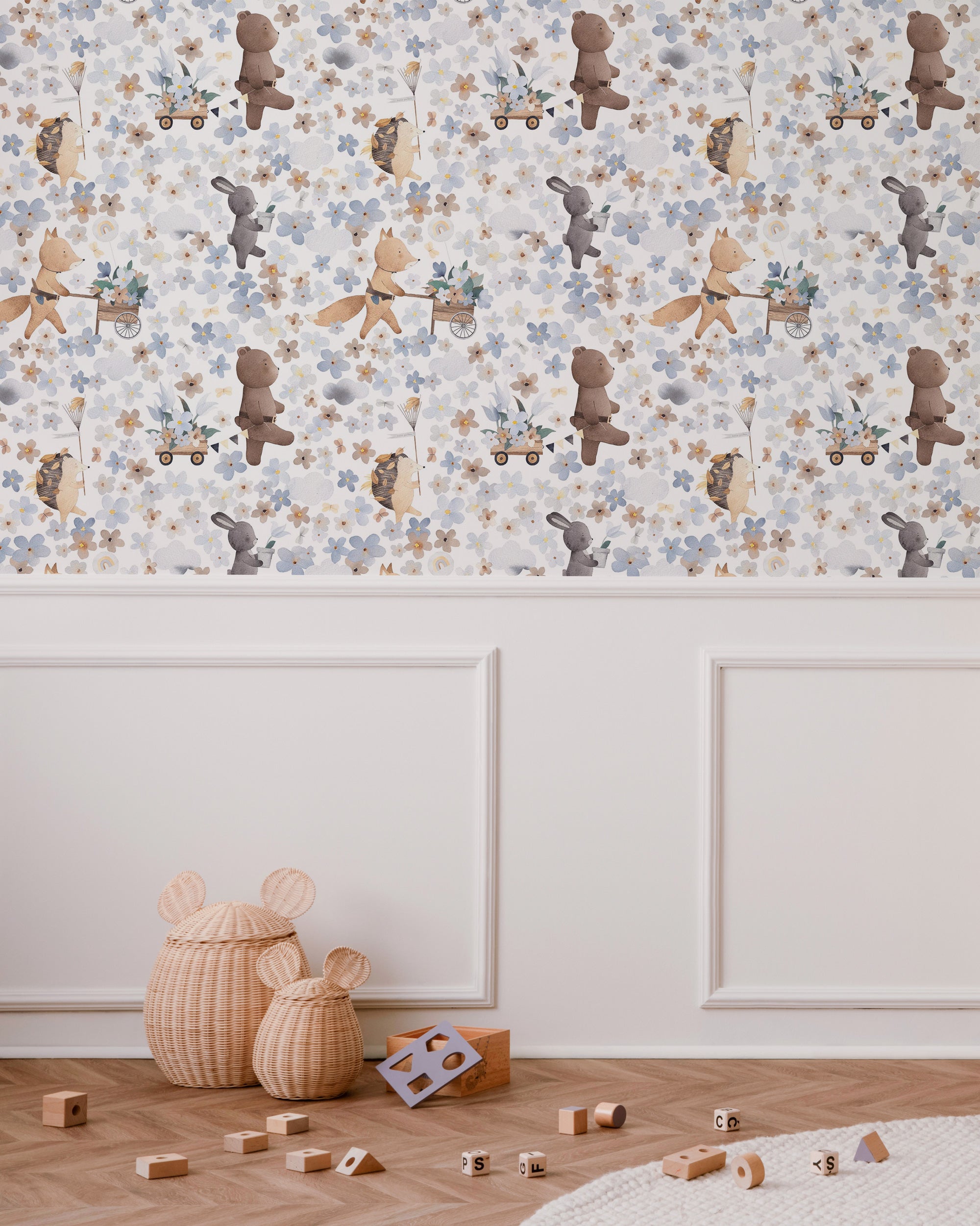 Kids pattern wallpaper with woodland animals, flowers, and pastel tones in a repeating illustration design.