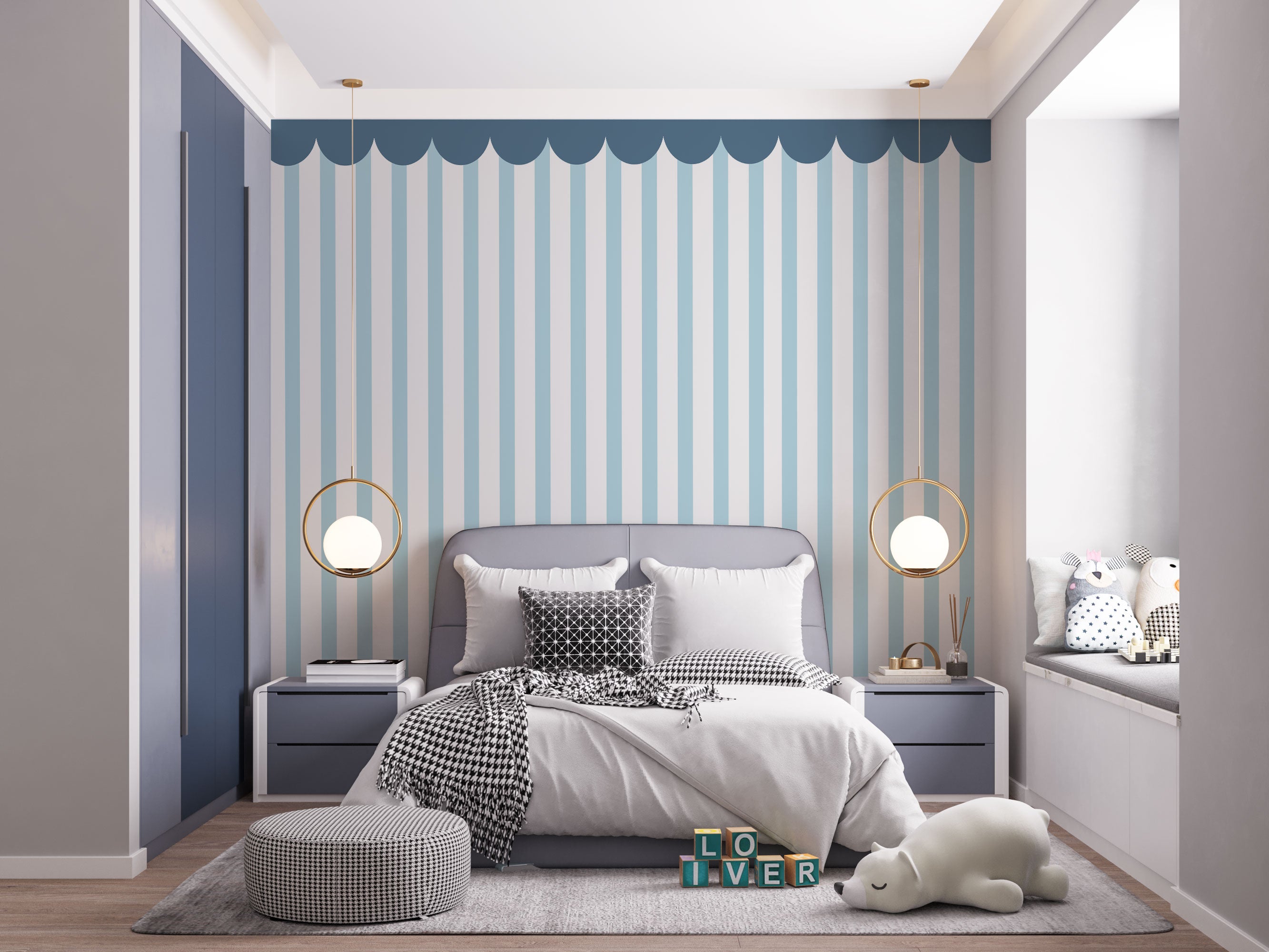 Scalloped stripe pattern wallpaper with soft blue and white vertical stripes