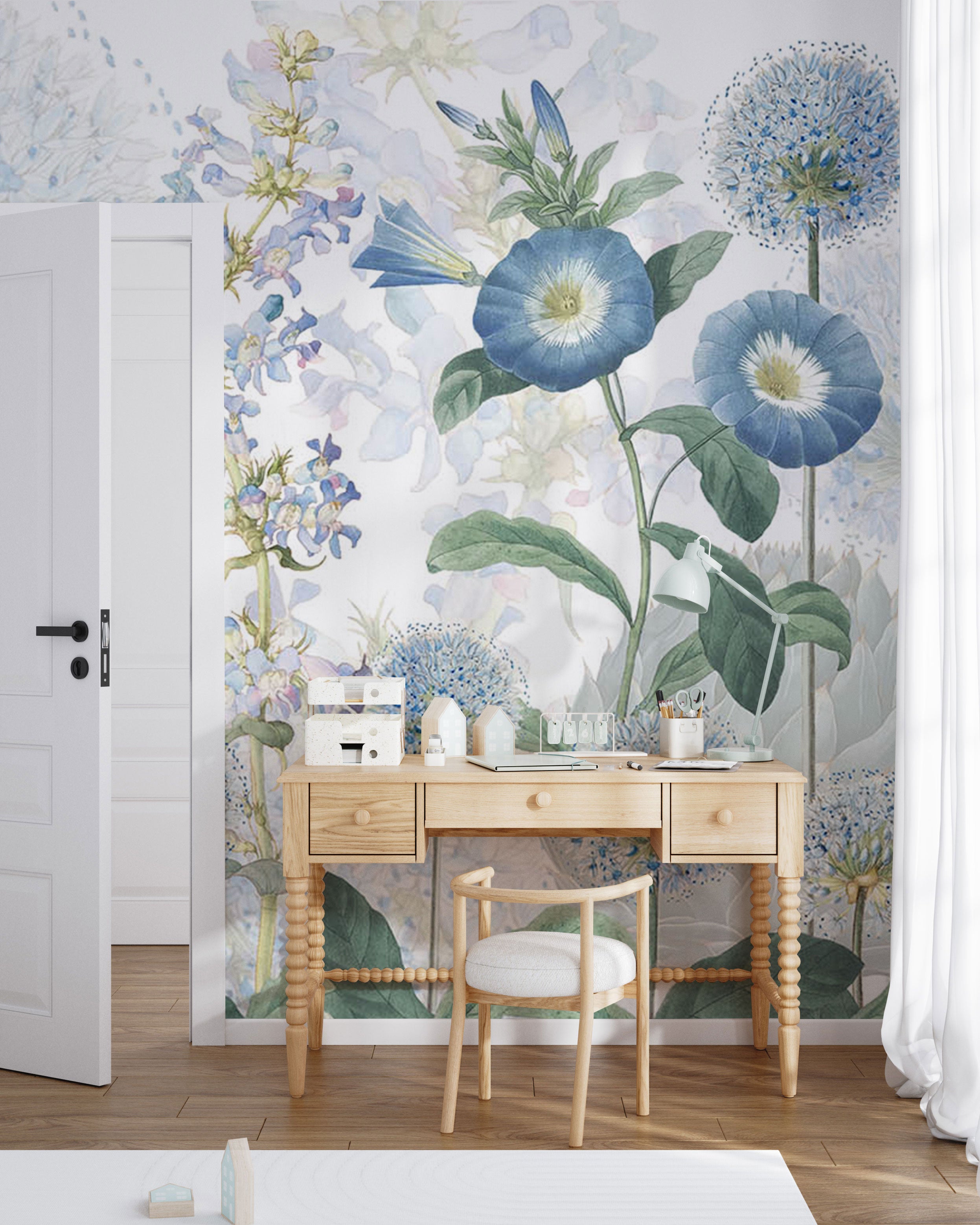 Akvarelska botanička tapeta s plavim cvjetovima aliuma i nježnim pastelno zelenim lišćem