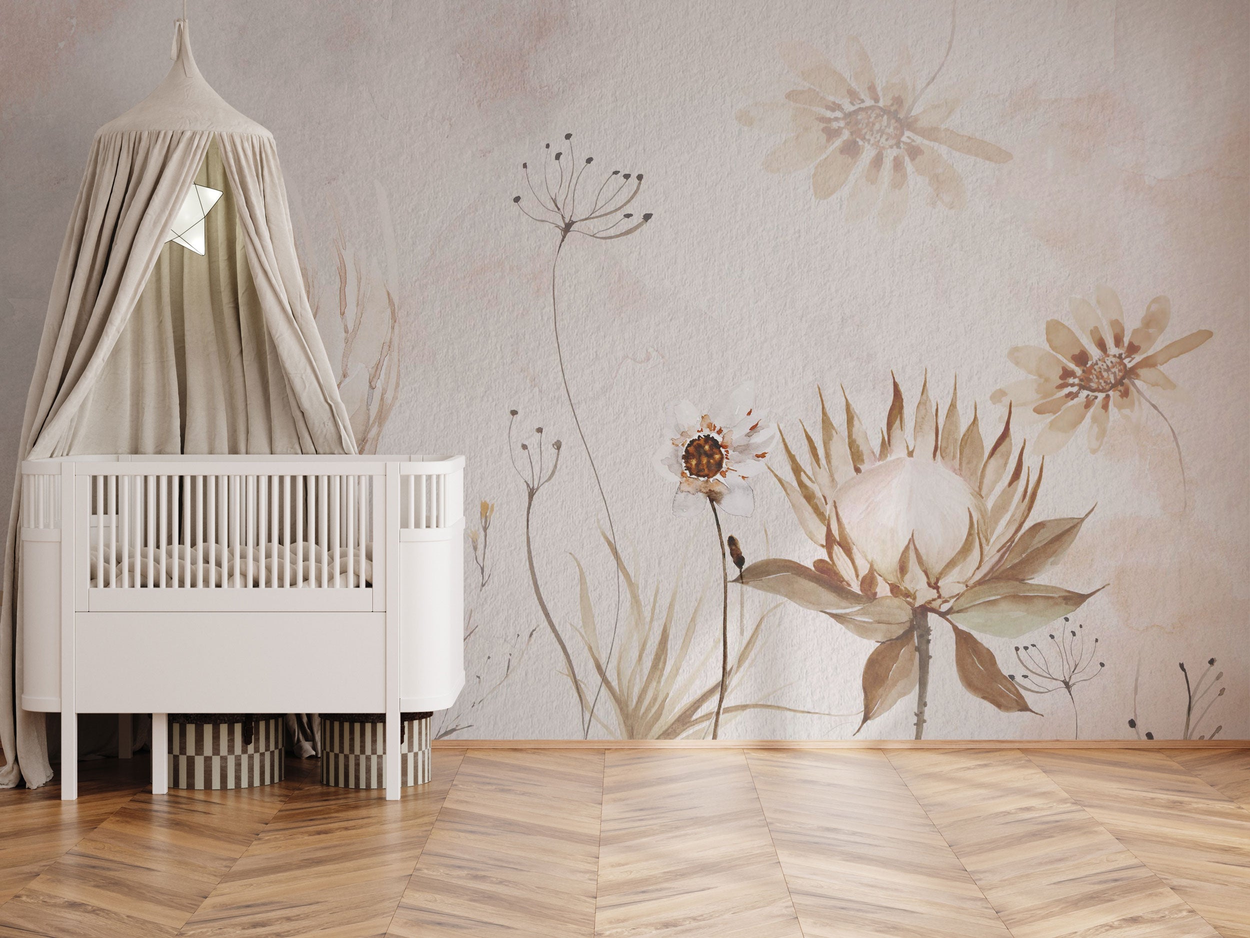 Soft watercolor meadow flowers mural wallpaper in neutral earthy tones