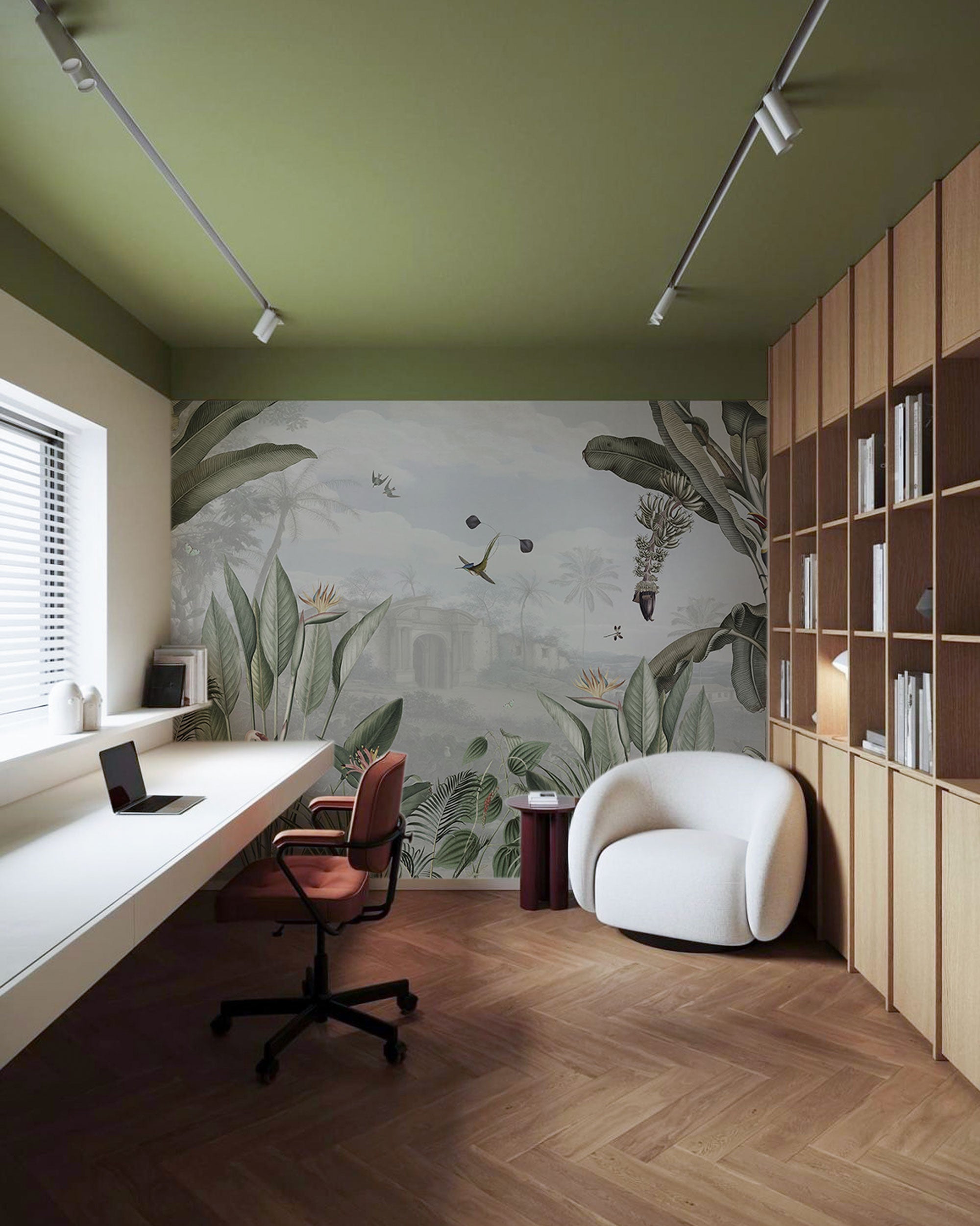 Color tropical botanical mural wallpaper with jungle plants, birds, and layered foliage